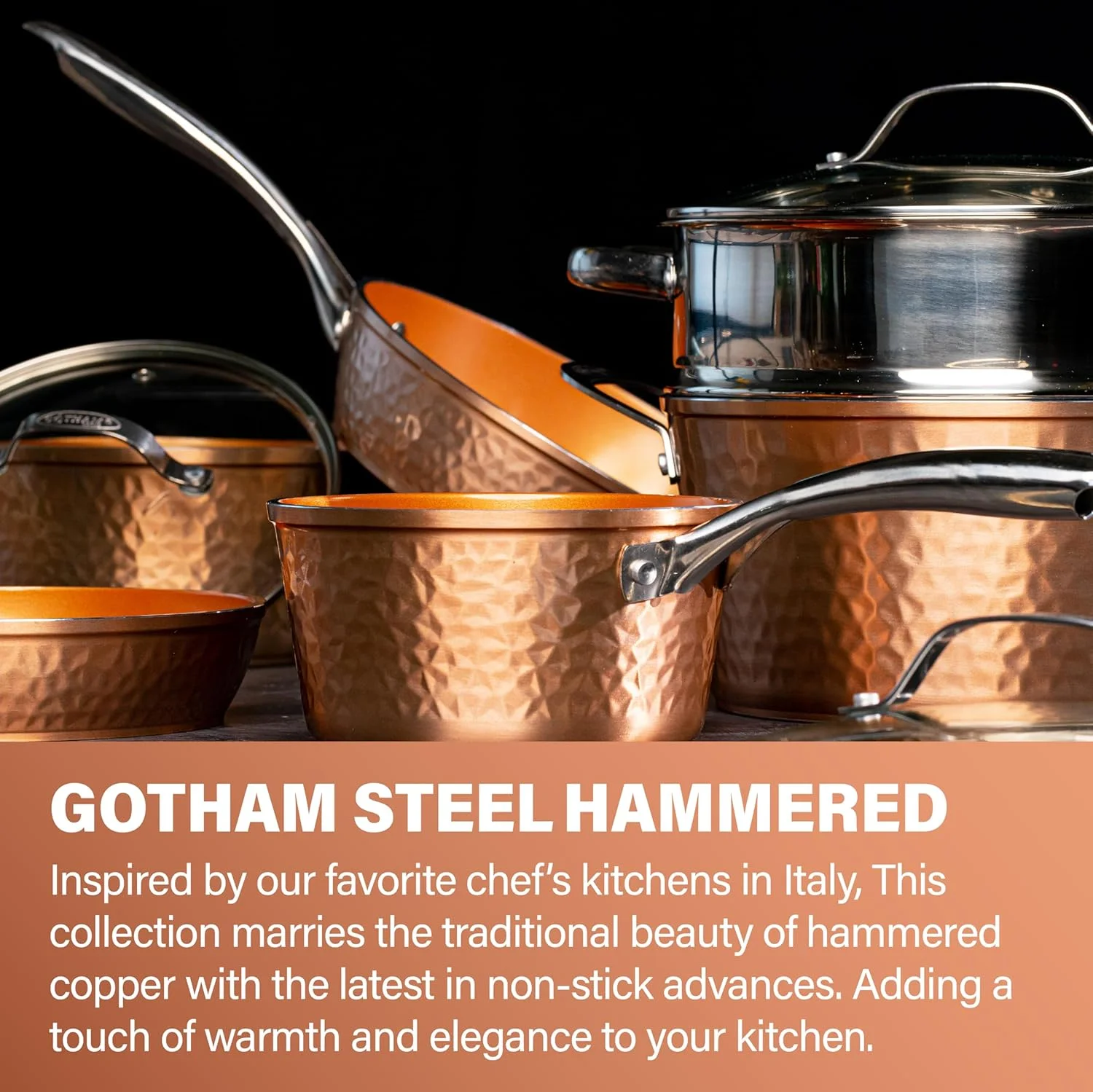 Gotham Steel Hammered 15 Pc Ceramic Pots and Pans Set Non stick, Cookware Set Nonstick for Kitchen with Utensils, Pots and Pans for Cooking, Non Toxic Cookware Sets, Oven and Dishwasher Safe, Copper