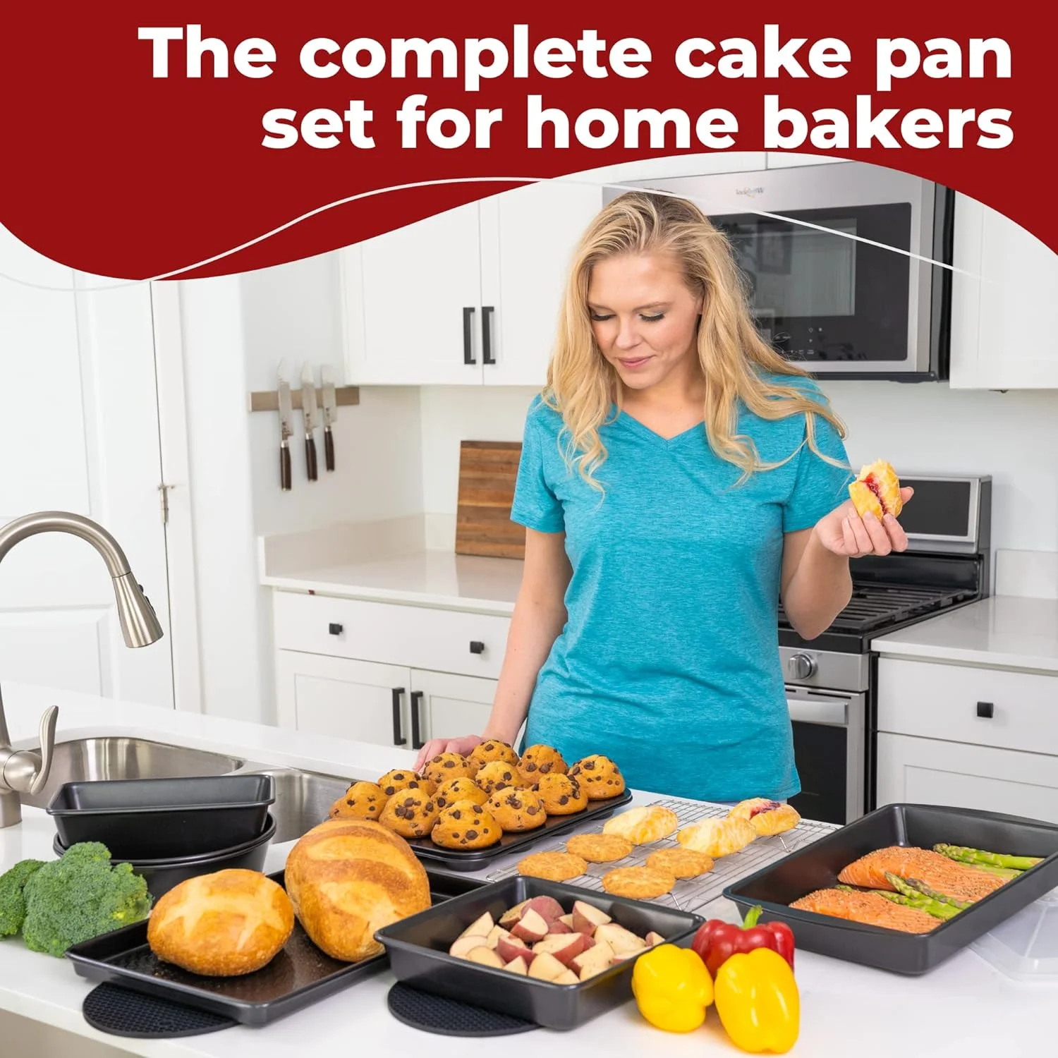 12 PC Carbon Steel Baking Pans Set Nonstick, Kitchen Essentials for New Home, Nonstick Bakeware with Cake Muffin Tins