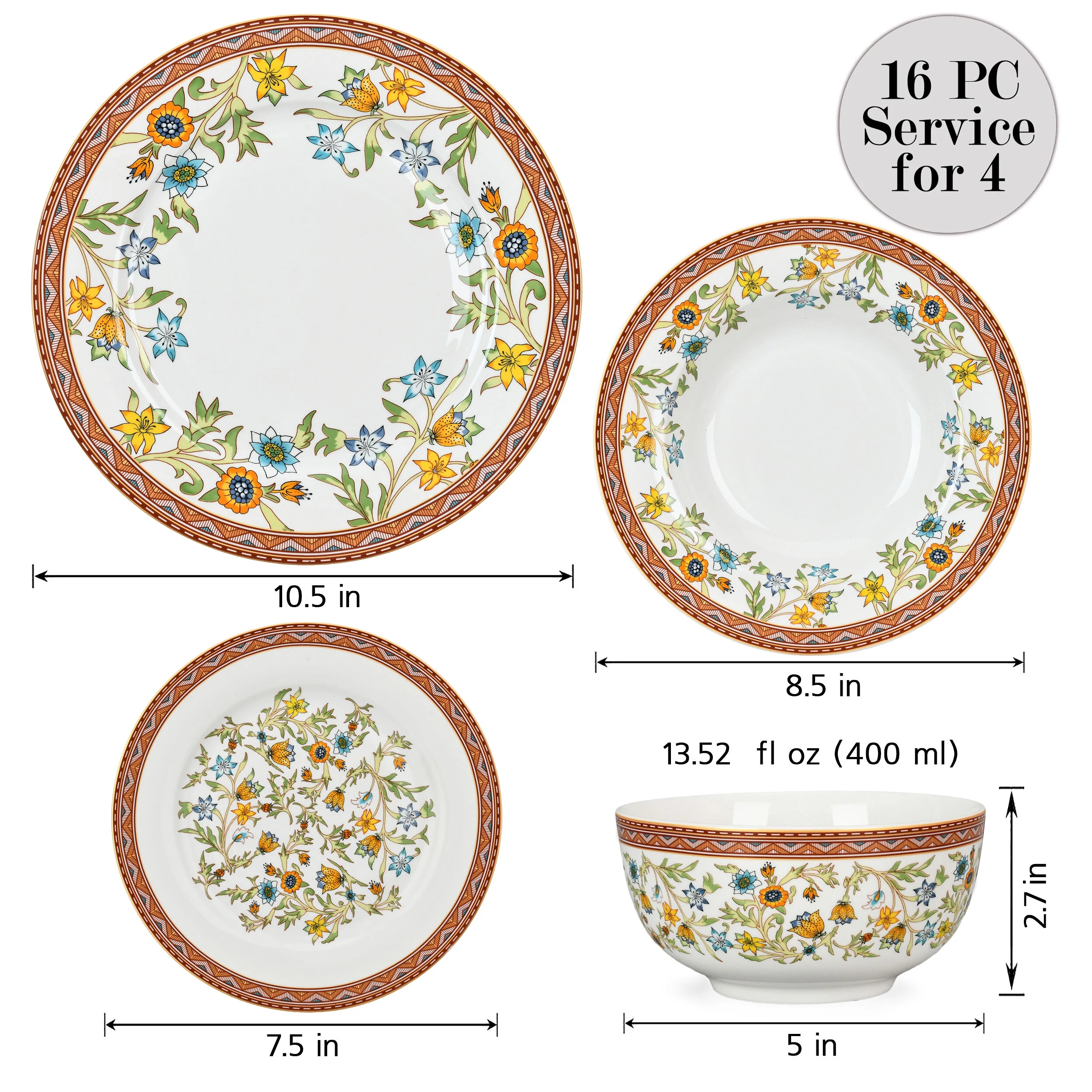 STPgoods Fleurs des Prairies Bone China Dinnerware Set of 16 Service for 4 in Gift Box