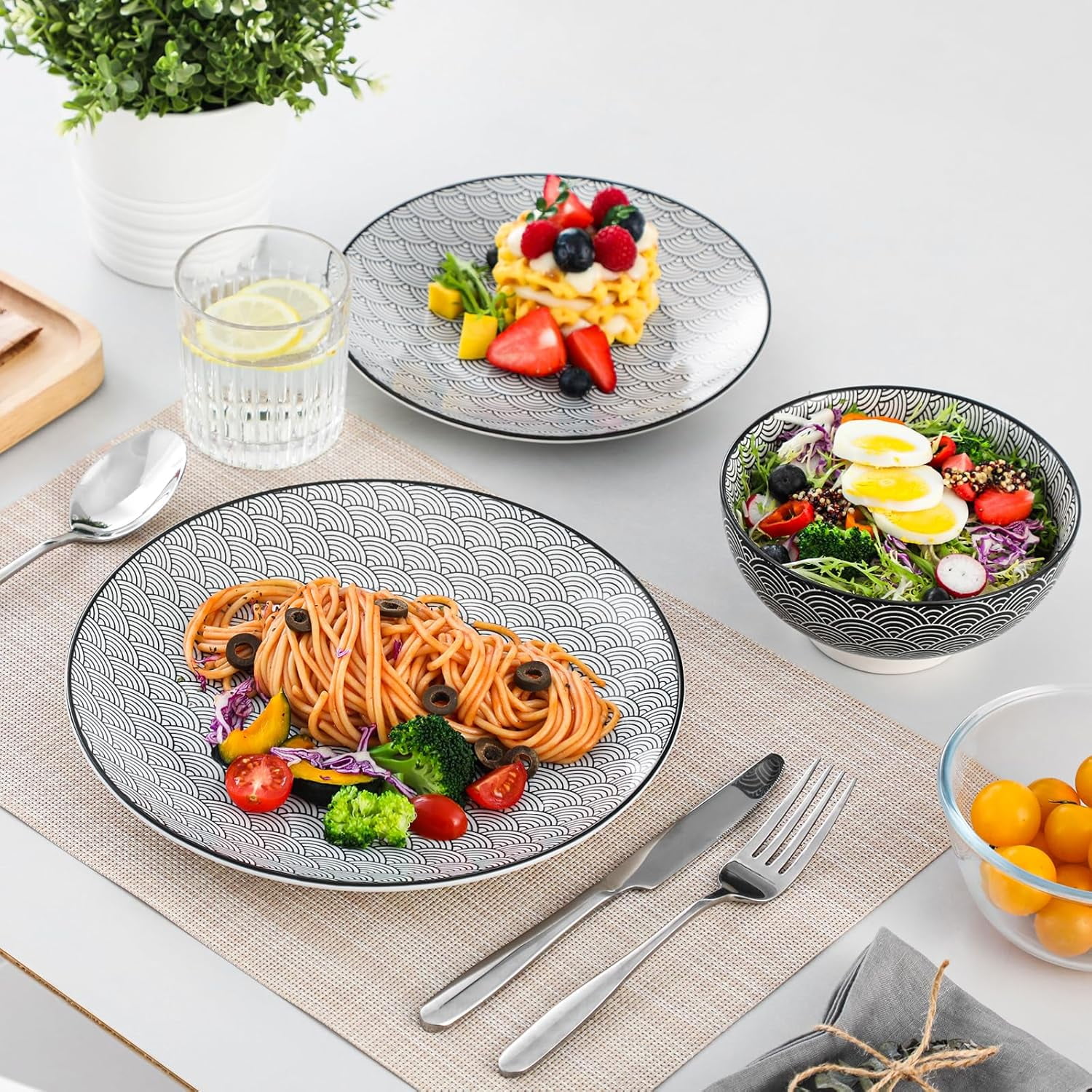 Mandala12 Pieces Dinnerware Sets, Porcelain Dinner Set for 4, Boho Plates and Bowls Set, Colorful Dish Sets