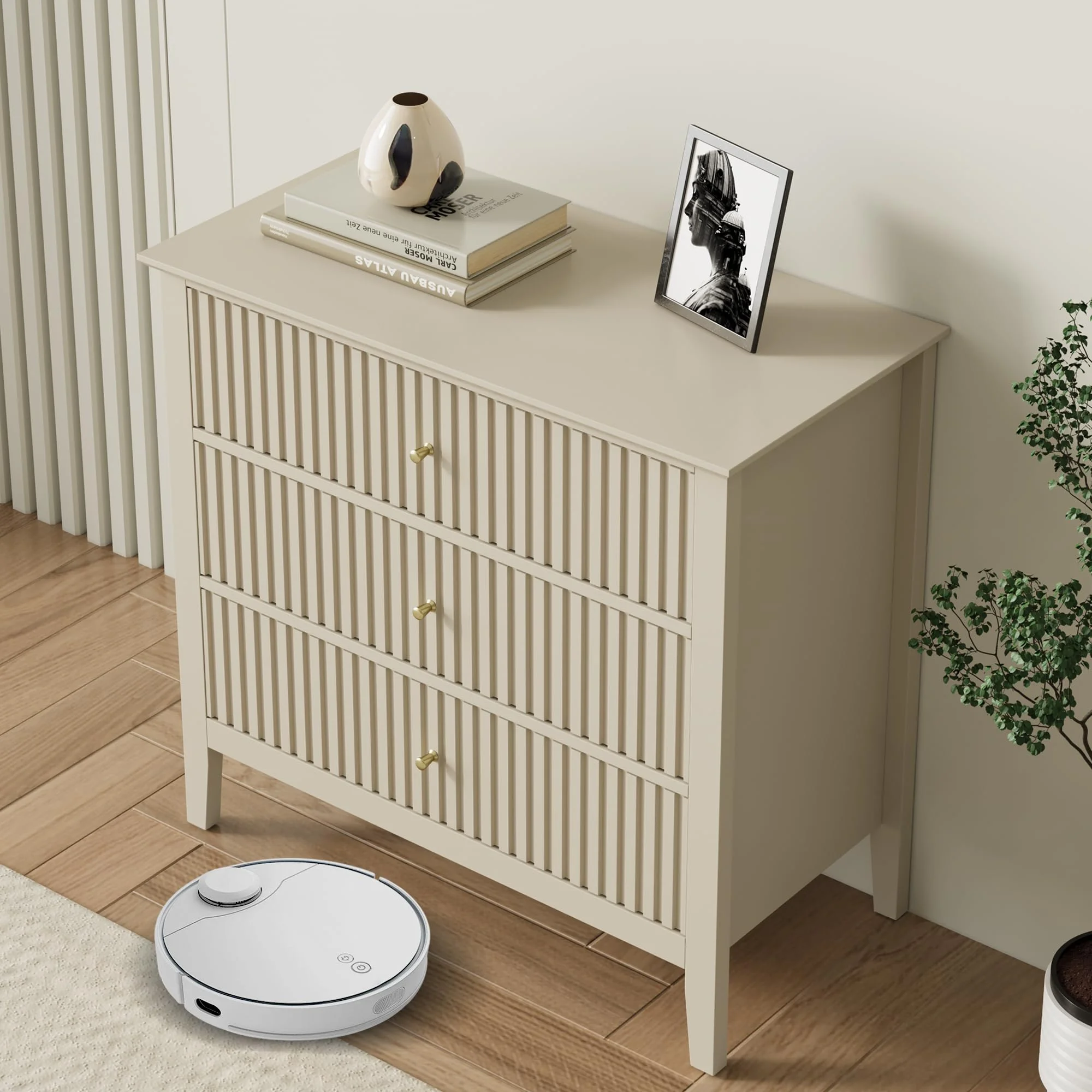 May Color Large White 3 Drawer Dresser Set of 2 with Fluted Panel, Modern Chest of Drawers with Silent Slide Drawers, Wood Accent Nightstand with Storage for Bedroom Living Room, Hallway