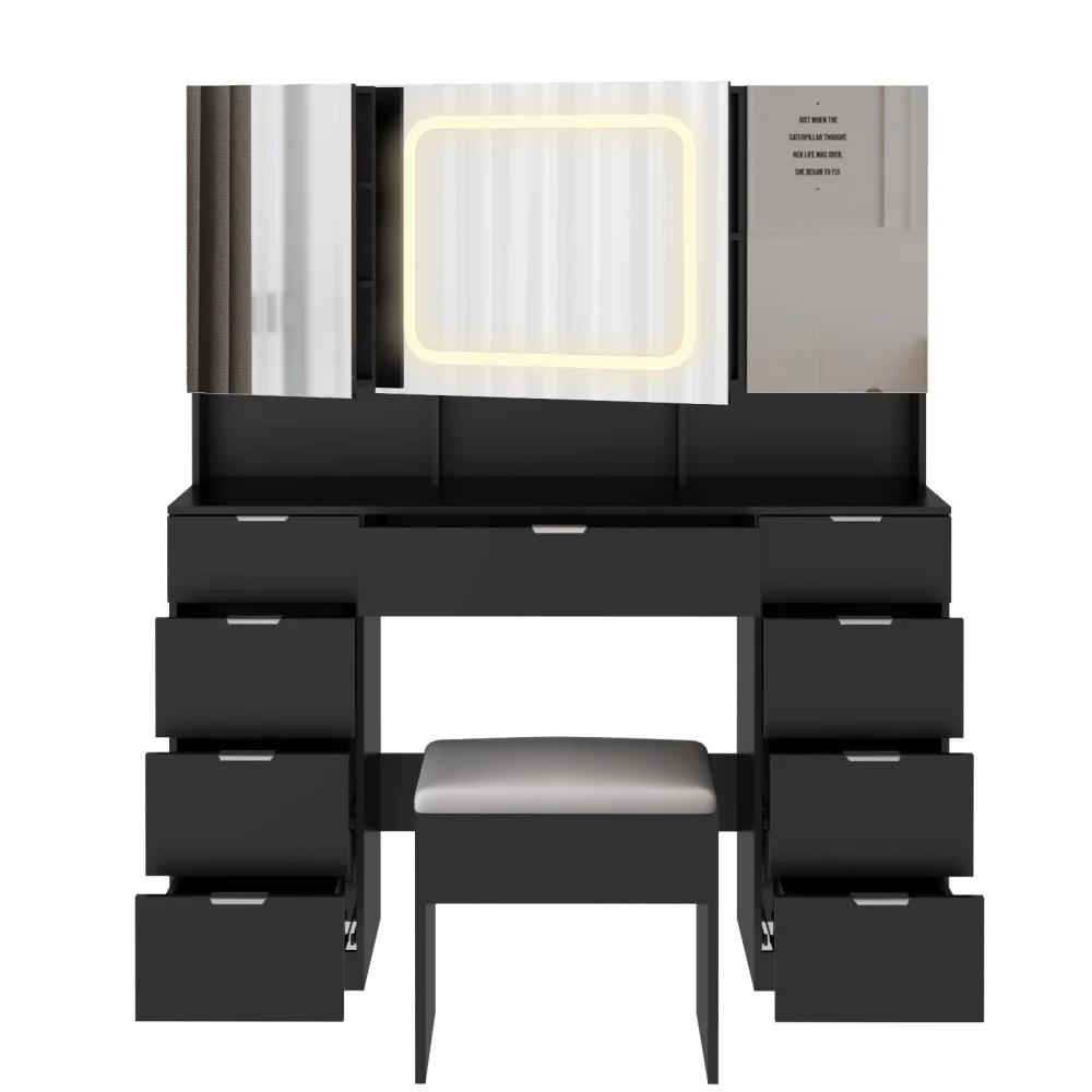 IVV Vanity Desk Set with Large LED Lighted Mirror & Power Outlet, Makeup Dressing Table with 9 Drawers and 3 Cabinets in Mirrored Doors, 47