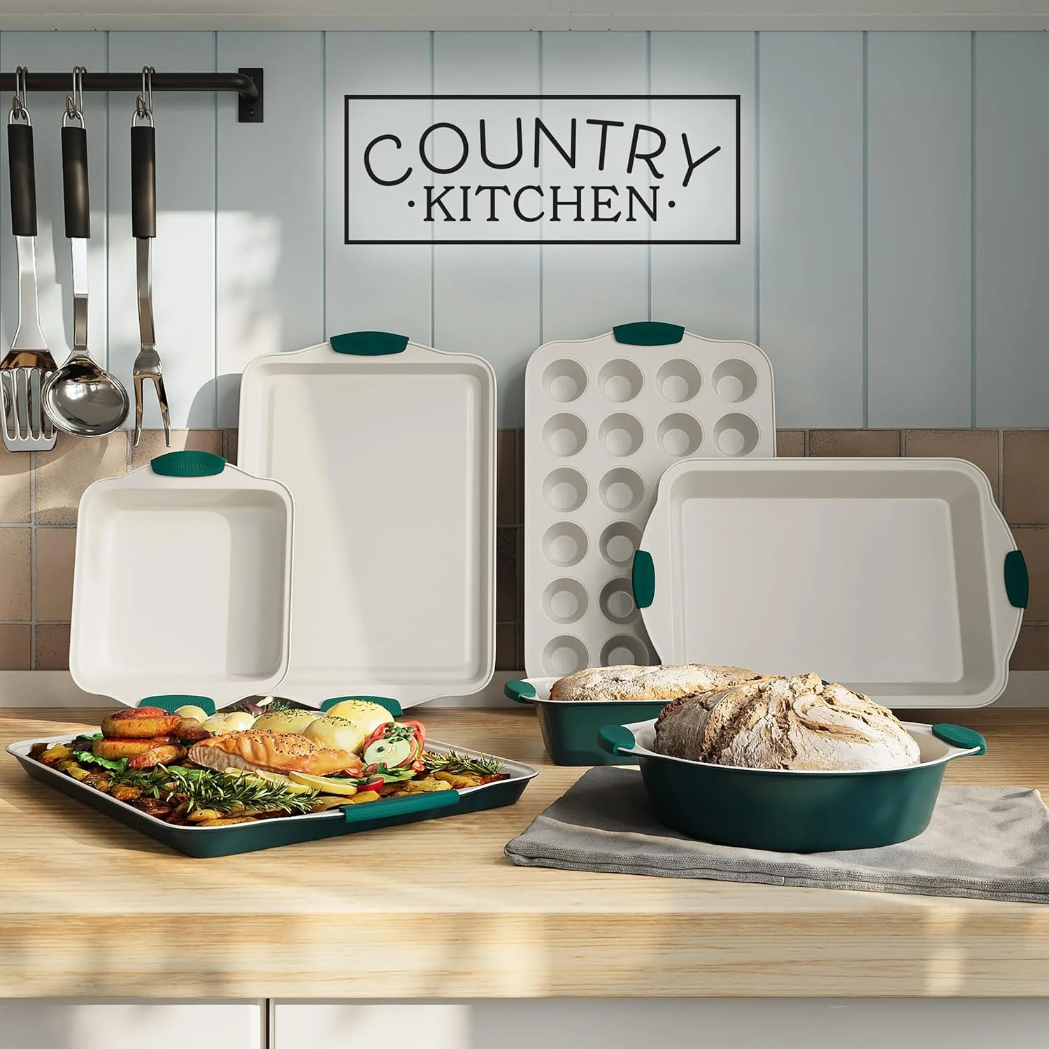 Country Kitchen 10-Piece Nonstick Bakeware Set - Stackable Pots and Pans, Black