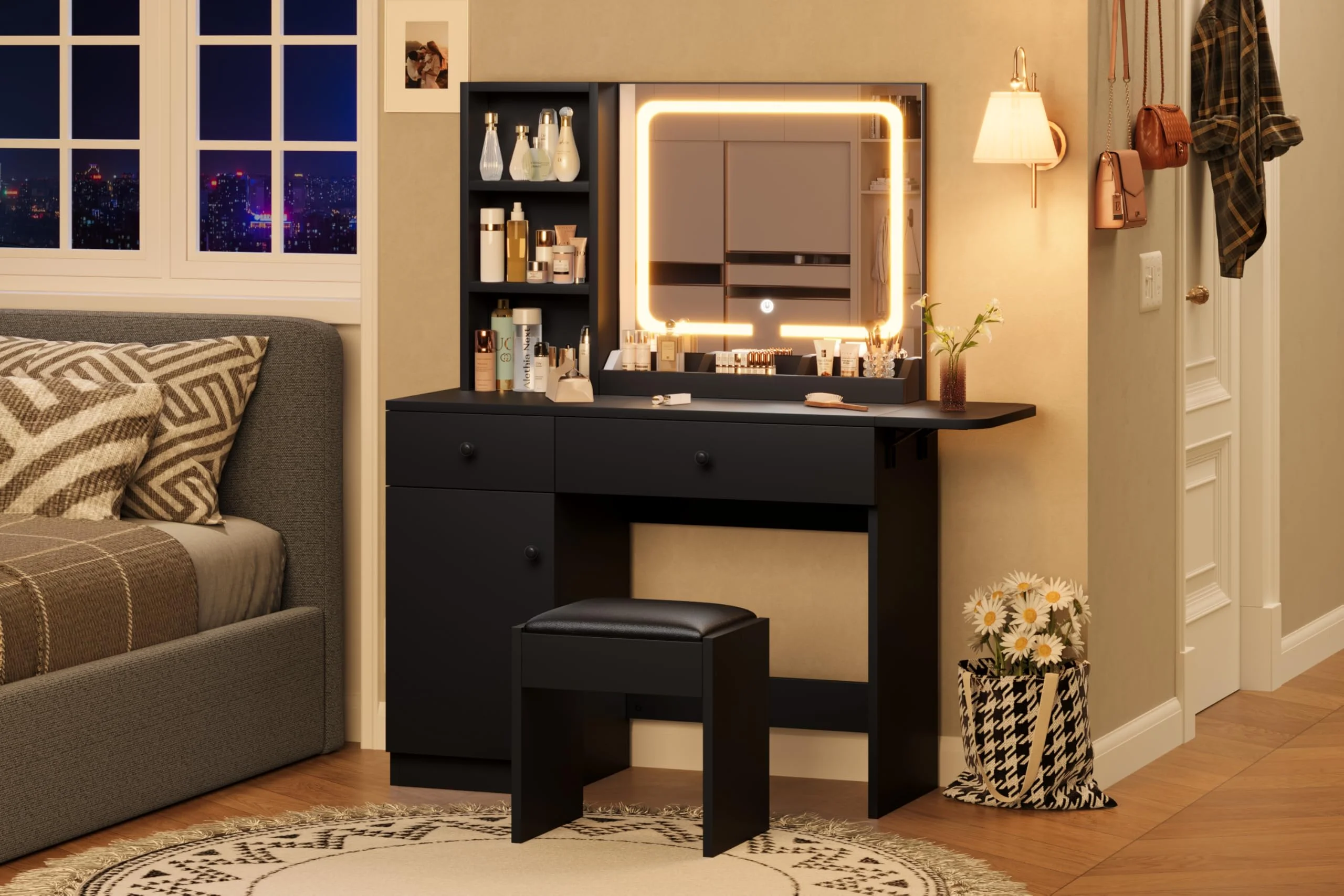DSstyles Brown/Black/White Vanity Desk with LED Lighted Mirror & Power Outlet, Makeup Vanity with Drawers & Cabinet & Chair, Vanity Table Set for Bedroom