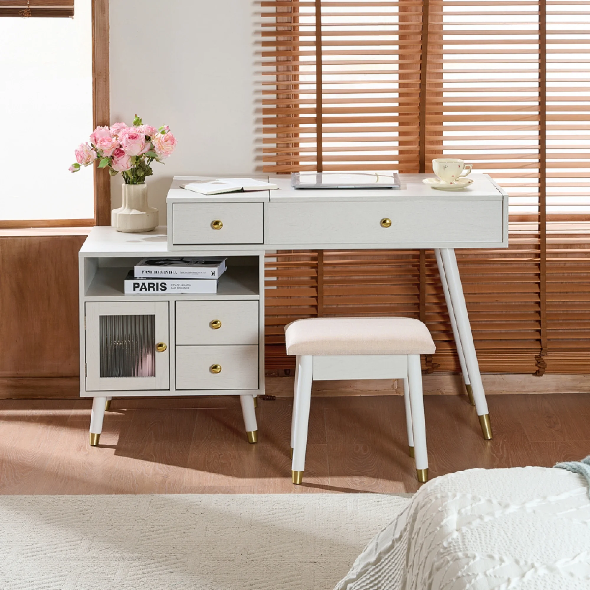 3-in-1 Vanity Desk with Lighted Flip-Top Mirror & Adjustable Cabinet, Makeup Dressing Table with Stool, Dresser with Drawers for Bedroom, White