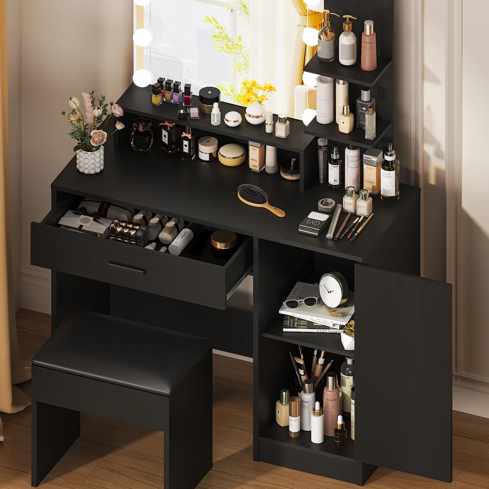 Ktaxon Vanity Set with 3 Color Lighted Mirror, Makeup Table with 3 Storage Shelves & Drawers, Dressing Table Makeup Desk with Stool,White
