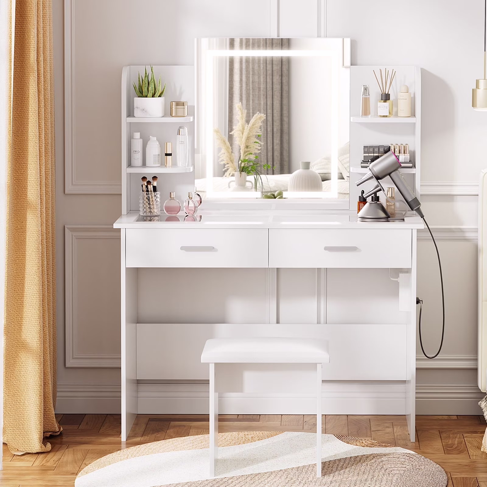 RichYa Modern Makeup Vanity Set with Lights Mirror and Drawers,White Makeup Desk,Dressing Table