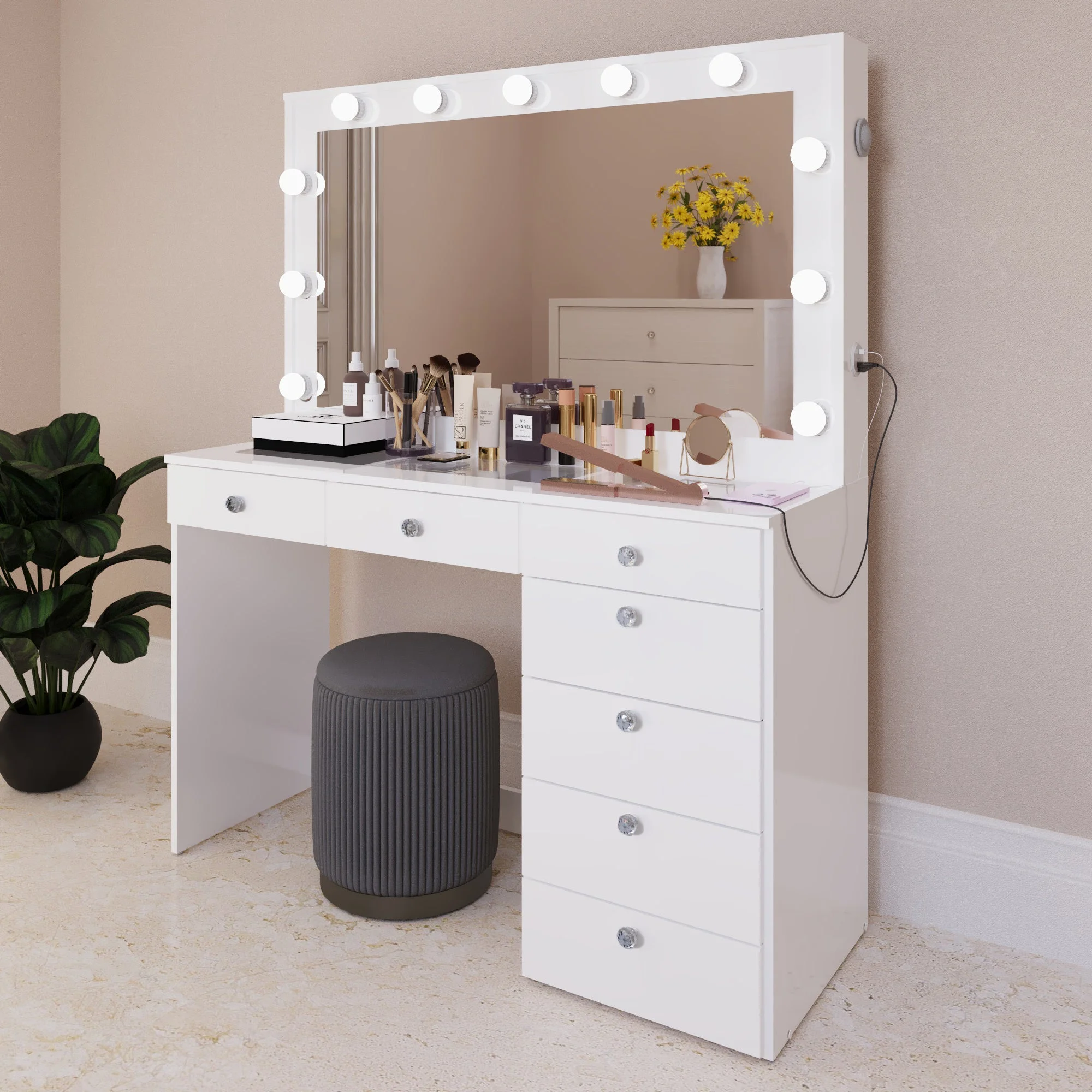 Ember Interiors Modern Large Greige Makeup Vanity Desk with Built-in Lights, Power Outlet with USB Type-C, Glass Top, 7 Drawers and Crystal Knobs
