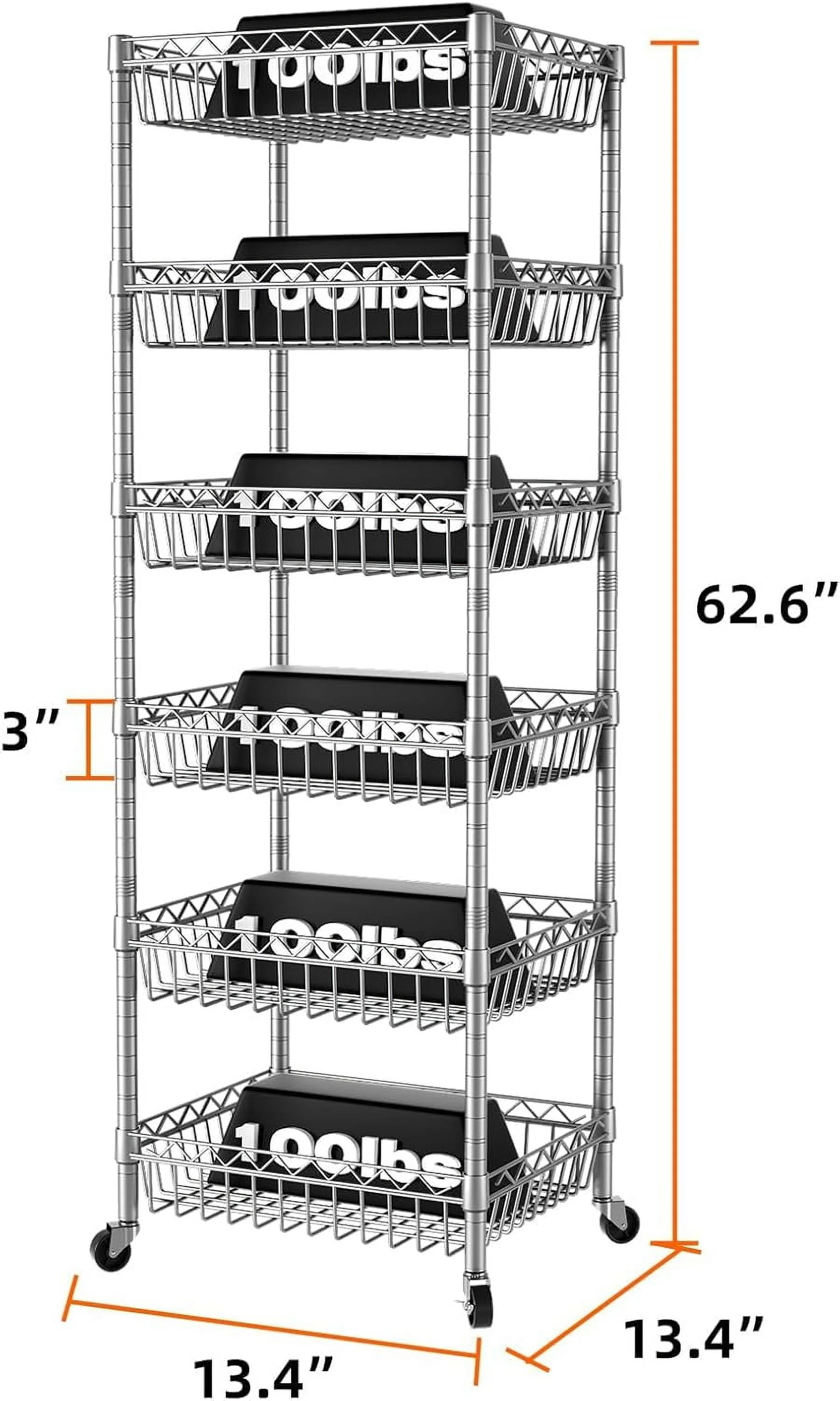 6 Tier Wire Shelving Unit with Wheels Baskets Storage Rack Corner Shelves Adjustable Shelf Closet Bathroom Organizers Metal Pantry Kitchen Garage Laundry Room 13.5
