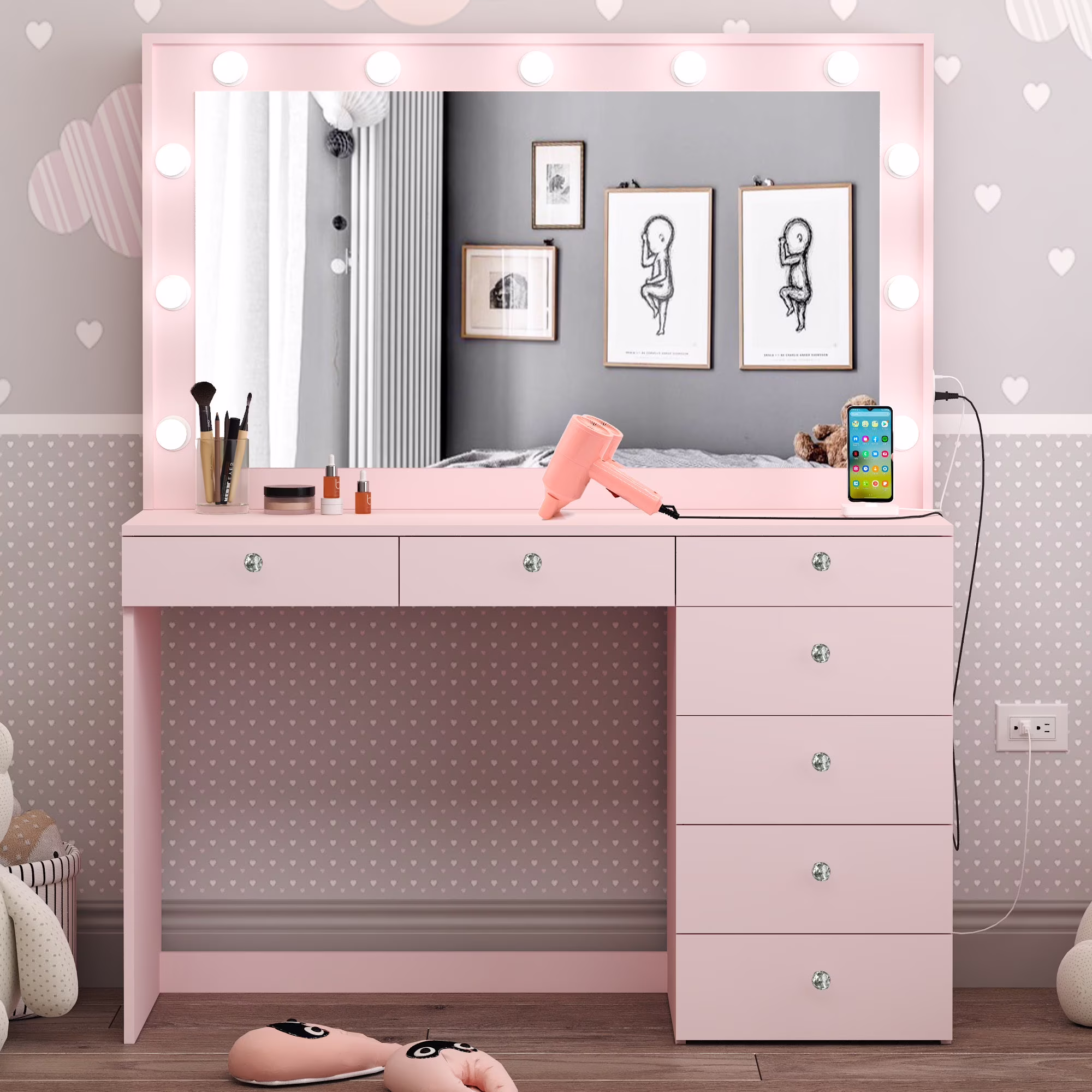 Ember Interiors Peggy Vanity Desk with Lighted Mirror and USB Ports