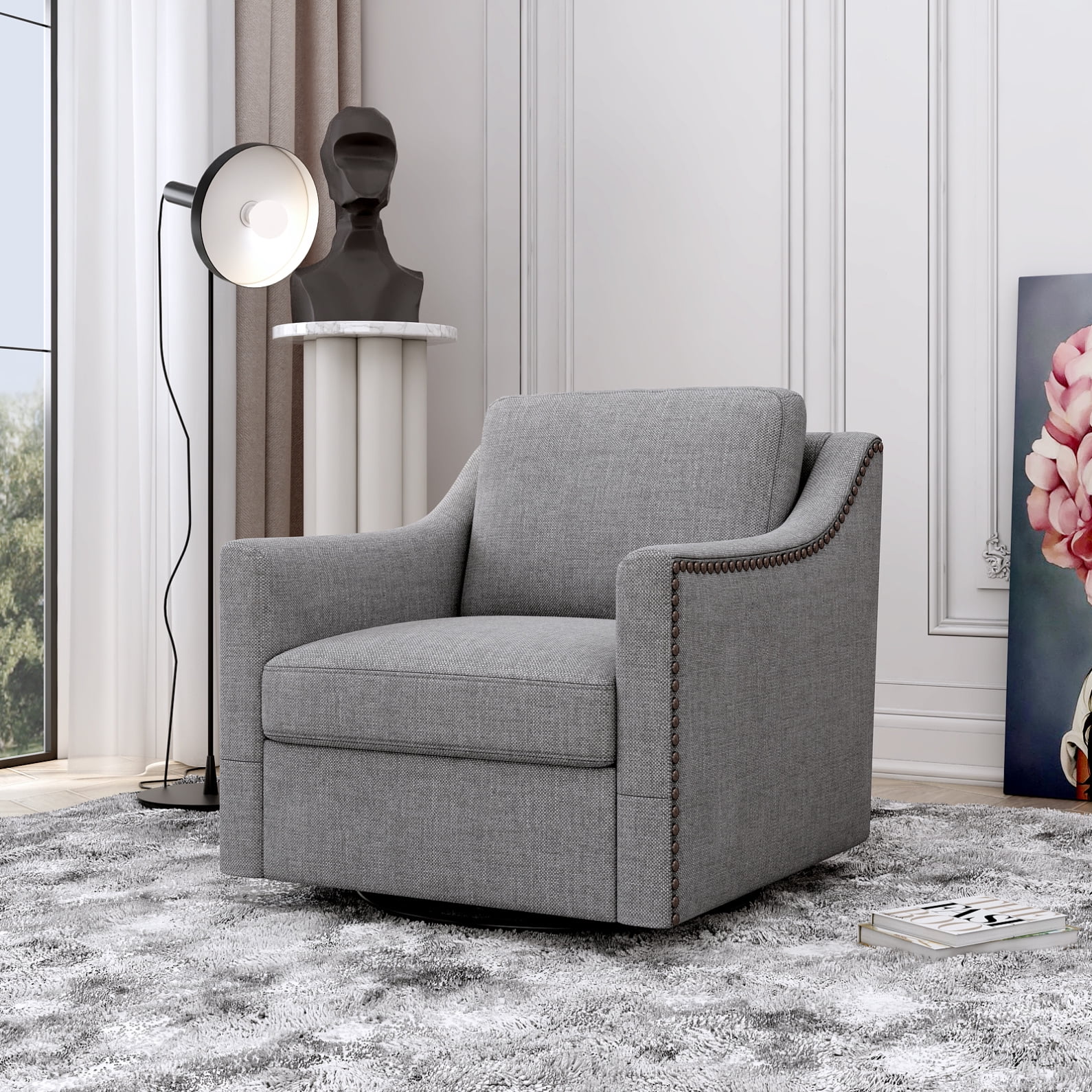 Swivel Accent Chair Armchair, 360�� Swivel Chair in Cotton Linen, Living Room Chairs with Wide Cusion and Curved Armrest, Comfy Barrel Sofa Reading Chairs for Bedroom, Small Spaces, Office, Grey