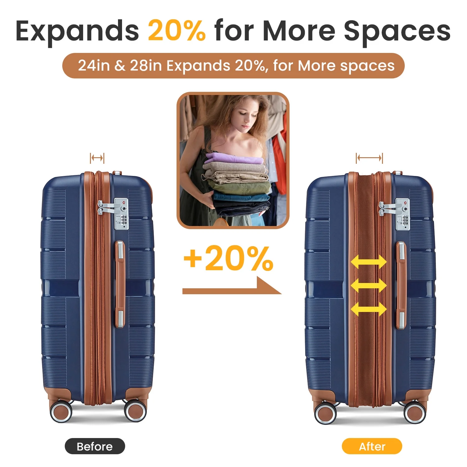 4 Piece Luggage Set, Expandable Lightweight Suitcase Set, PP Materials Travel Luggage with TSA Lock Spinner Wheels, White (14/20/24/28)