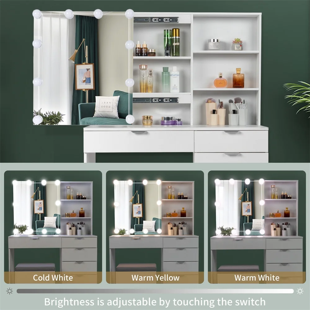 Tcbosik Makeup Vanity with LED Mirror & Charging Station, Vanity Desk with Ample Storage Space, Dressing Table with Shelves and 5 Drawers for Bedroom, White