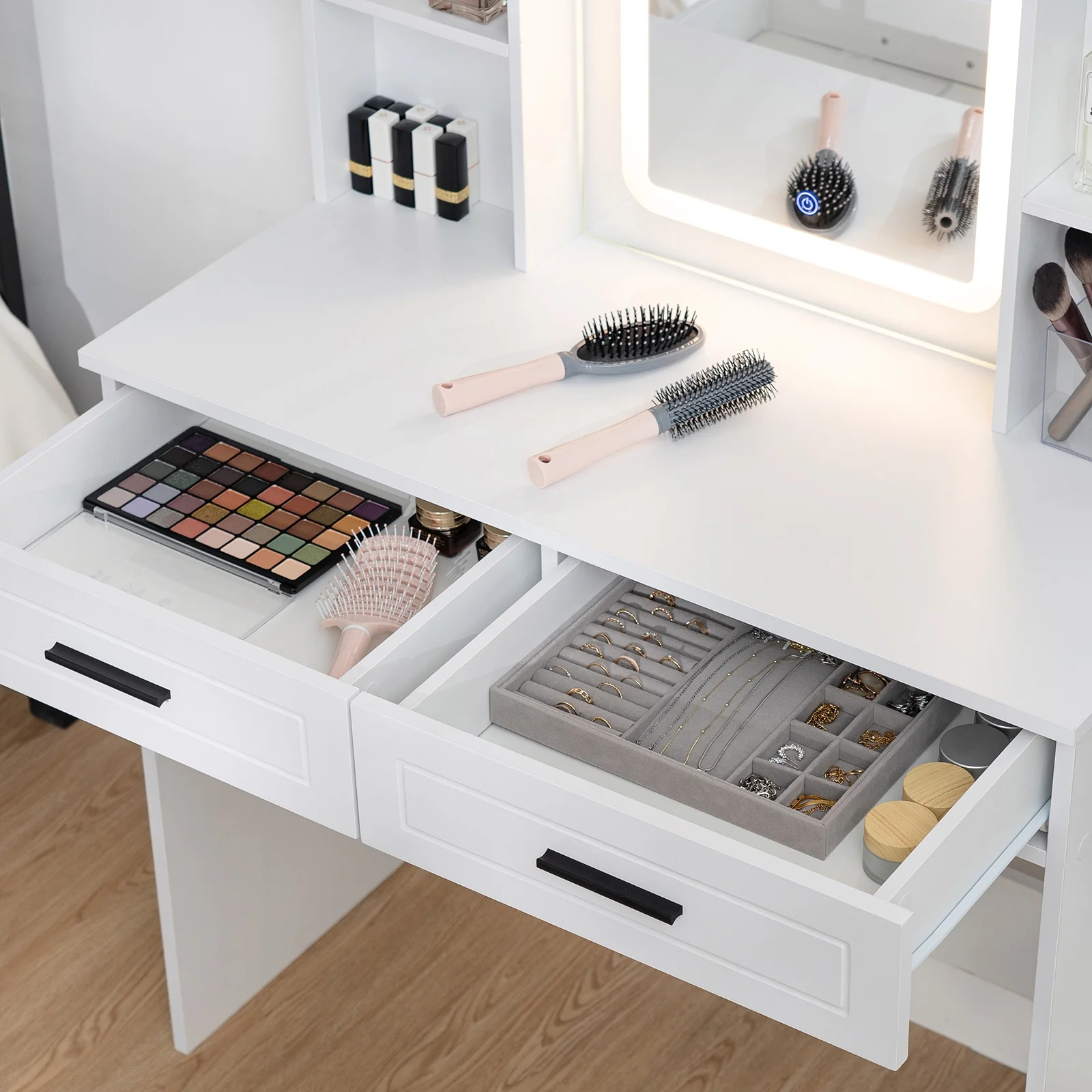 Hommpa Vanity, Makeup Vanity with LED Lighted Mirror Vanity Desk with Drawers Vanity Table with Charging Station for Girls Bedroom Storage Shelves, White