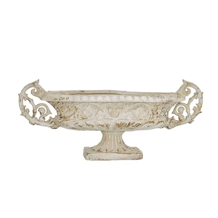 Weathered White Pedestal Vase with Ornate Handles