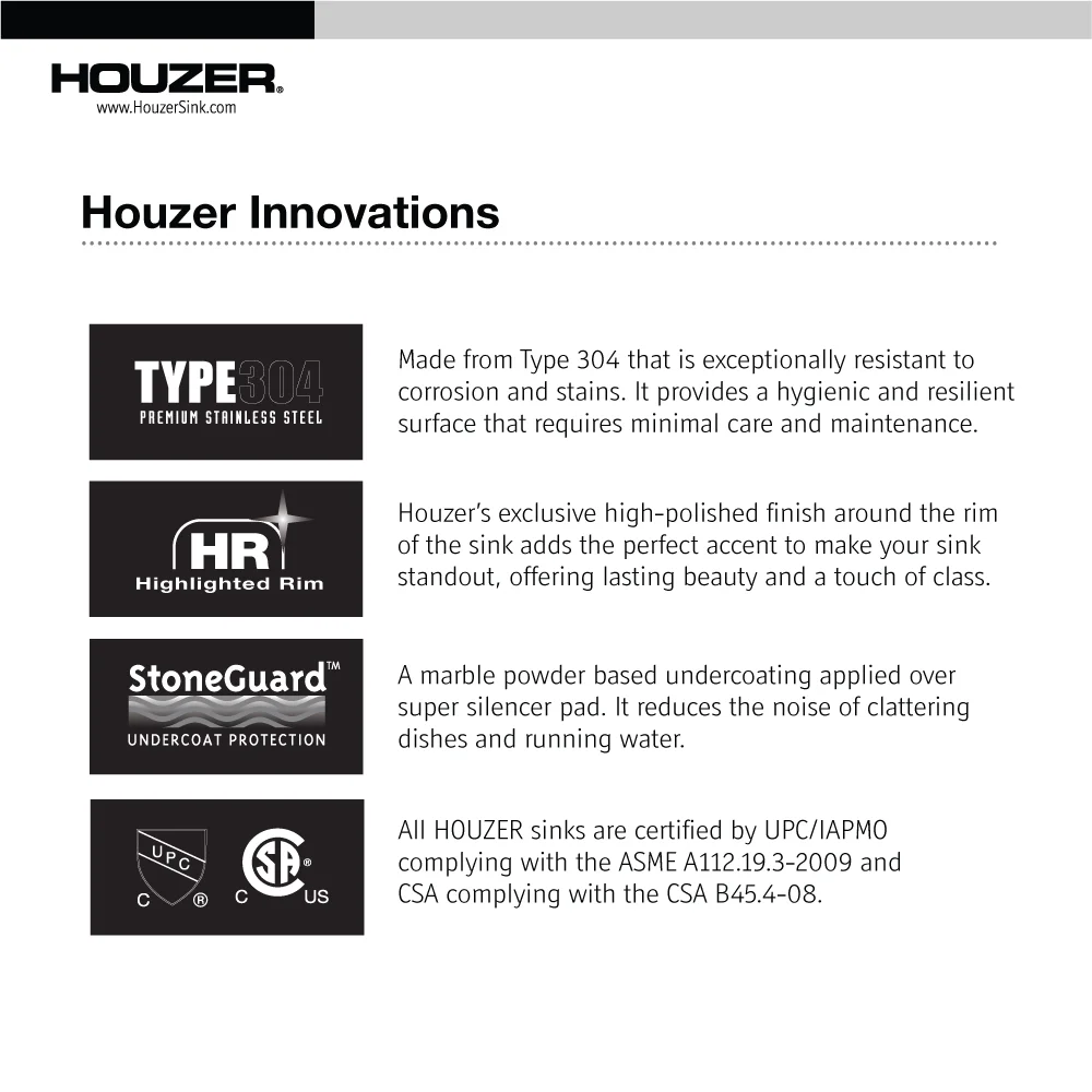 Houzer Hospitality 15 in Stainless Steel Topmount Single Bowl Bar Sink - 1515-6BS-1