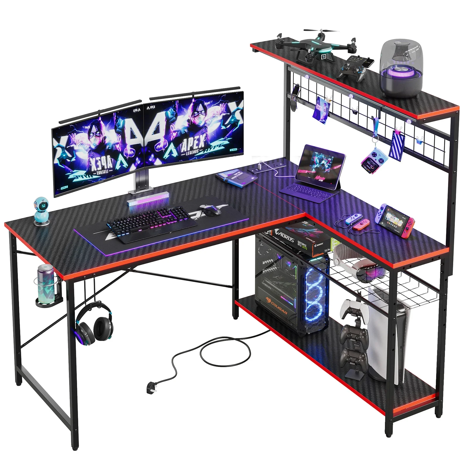 Bestier 51 L Shaped Gaming Desk with Power Outlets & LED Light, Computer Desk with 4 Tiers Shelves for Home Office, Reversible Gamer Table with Hooks and Cup Holder, Carbon Fiber