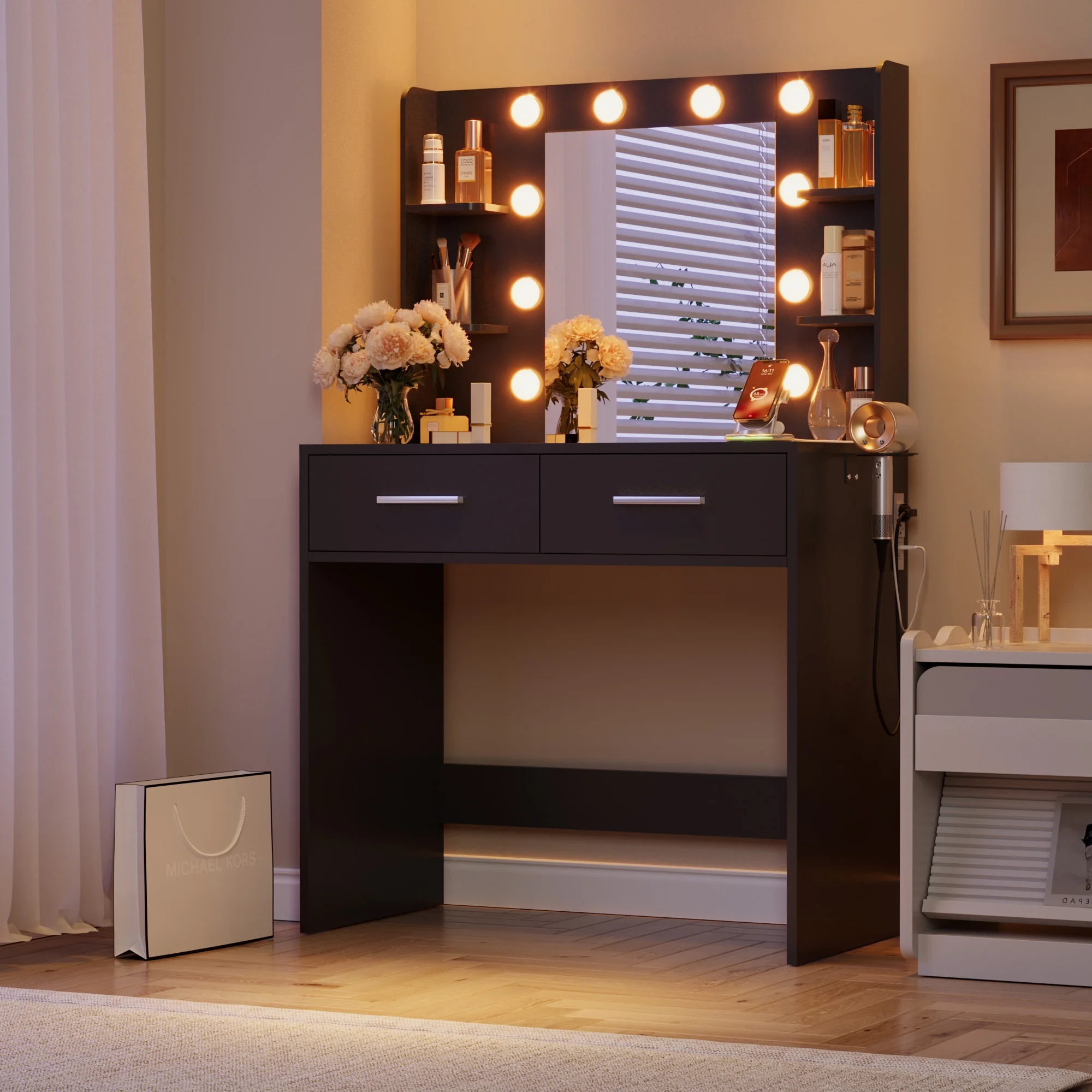 Furmax Makeup Vanity Table and Chair Set with 3 Modes Adjustable Lights and Mirror Vanity Desk with Shelves and Drawer, White