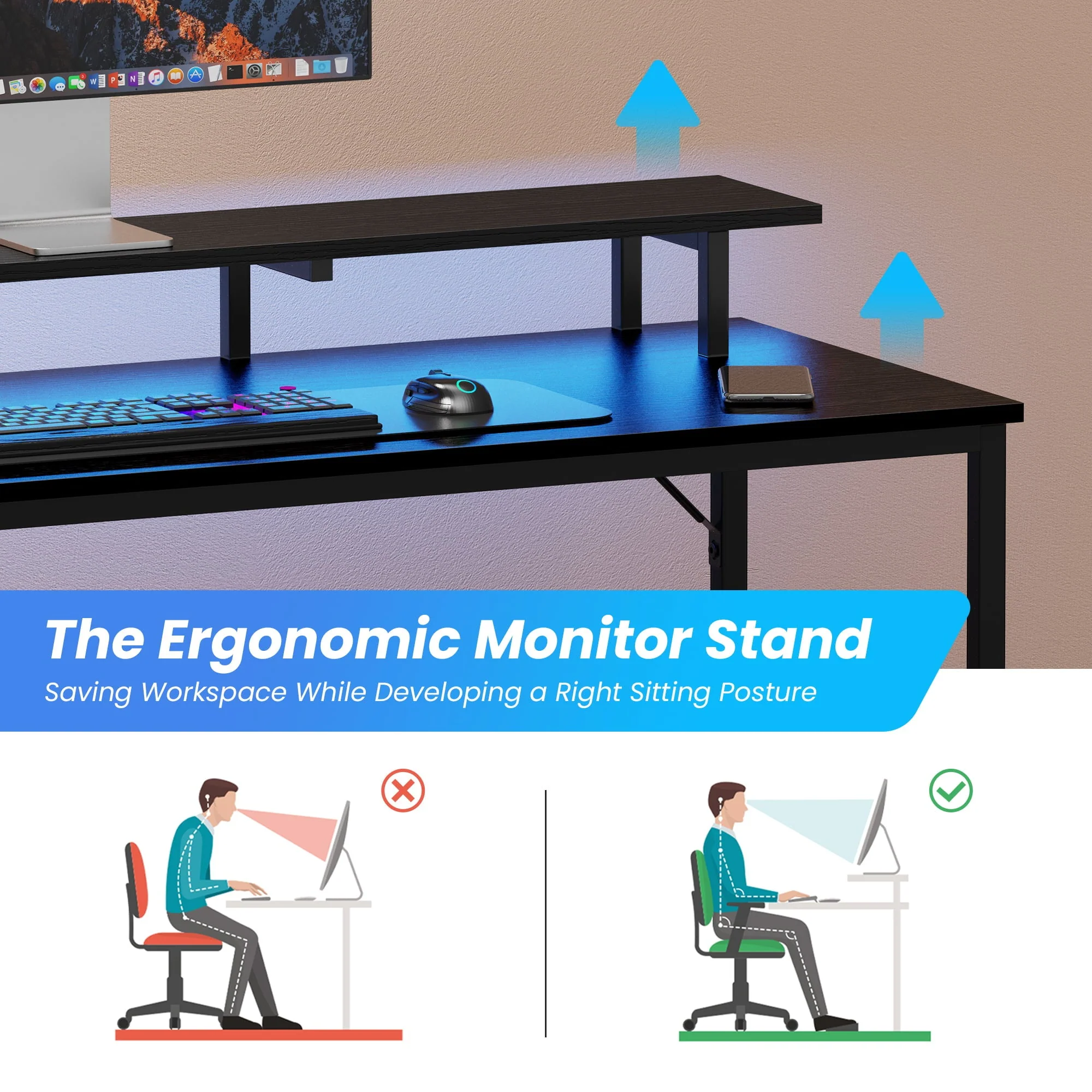 SUPERJARE L Shaped Desk with Outlets & USB Ports, Computer Desk with LED Light Strip, Corner Gaming Desk, L Office Desk, Monitor Stand, Hooks, and Storage Shelves, Black