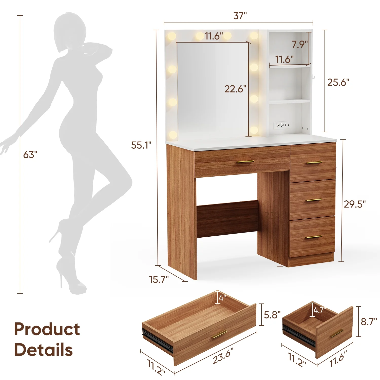 eChamp Makeup Vanity Desk with 3 Color Light & Mirror, Vanity Table with 4 Drawers, Storage Shelf, Power Outlet, Adjustable Brightness Dressing Table, White