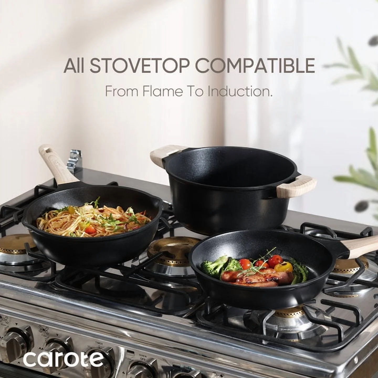 Carote Nonstick Cookware Set 10-Piece,Kitchen Pots and Pans Set,Stay-Cool Handles,Induction Compatible,Cookware Set for RV and Camping,Black