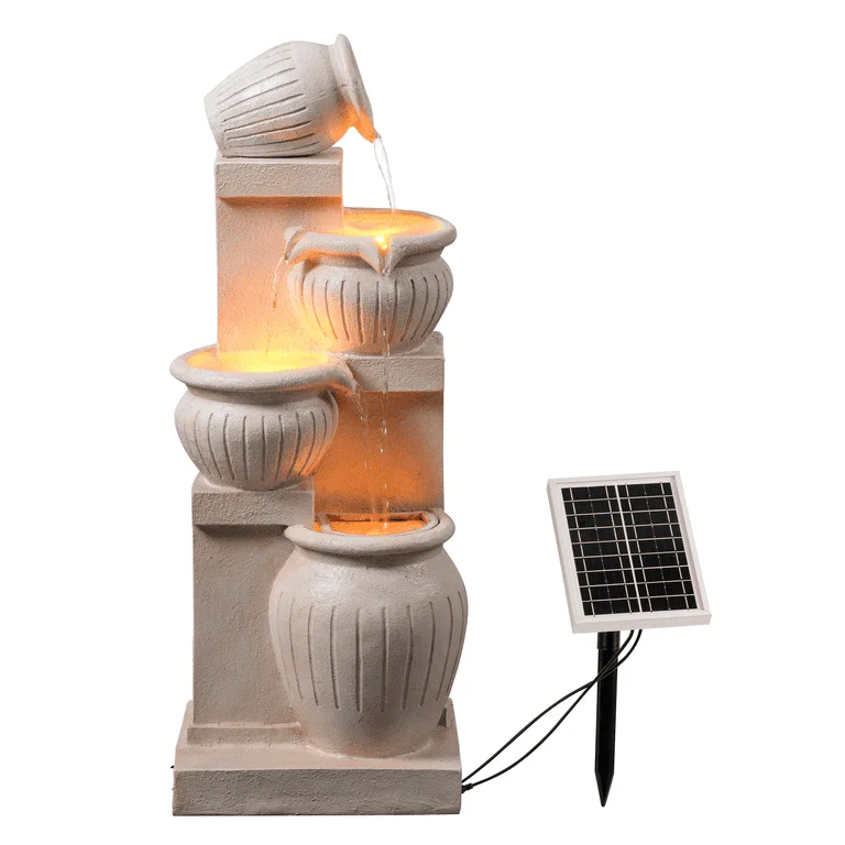 Teamson Home Outdoor Water Fountain with Lights�C 4-Tier Cascading Bowl Design with LED Light & Solar Pump, Solar-Powered Water Fountain Outdoor Garden, Yard, or Patio D��cor, Navy Blue