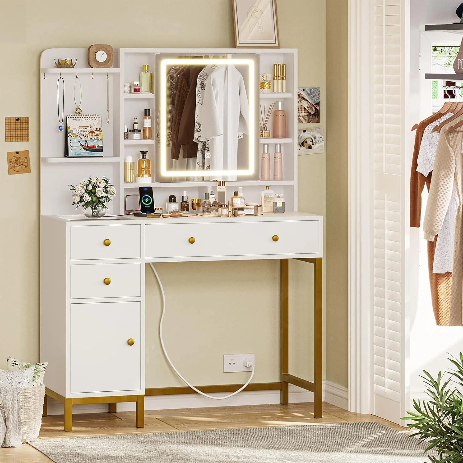 AOGLLATI Makeup Vanity with Lights in 3 Colors, White Vanity Desk with Mirror and Lights, Vanity Table with Charging Station, Makeup Desk with Visible Drawers, Hidden and Open Storage Shelves