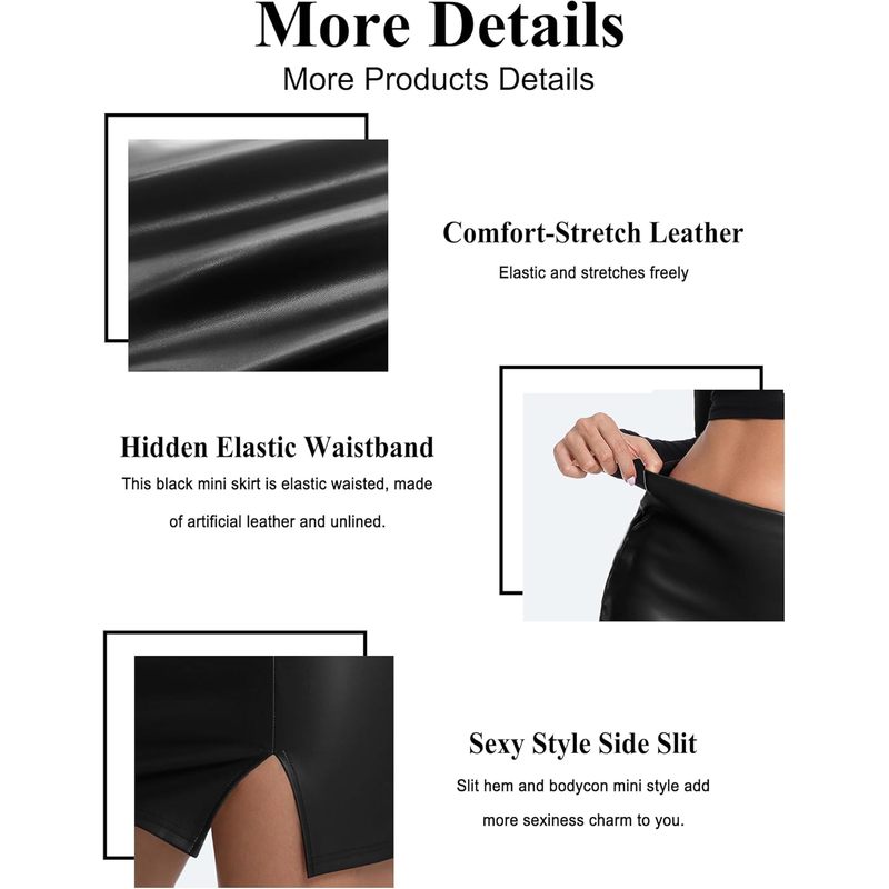 Women's Black Leather Skirts High Waisted High Side Slit Bodycon Mini Skirts