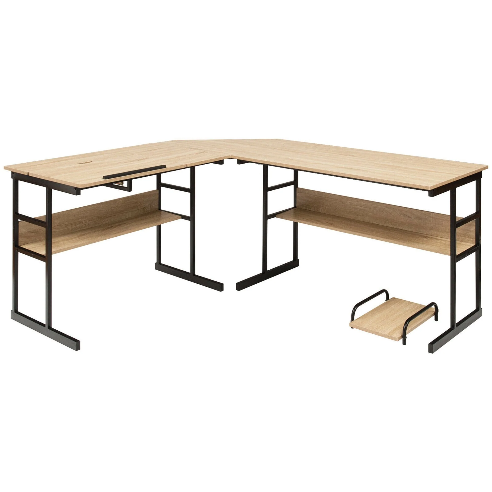 Gymax L-Shaped Computer Desk Drafting Table Workstation w/ Tiltable Tabletop Natural