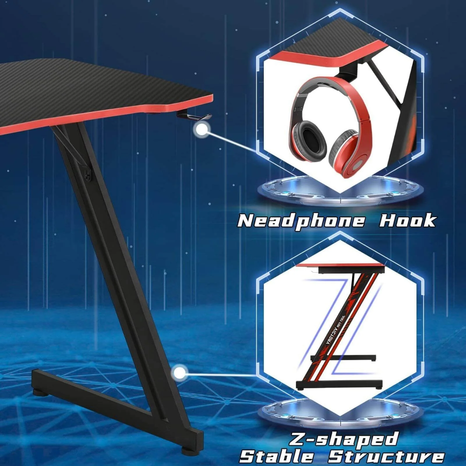 NiamVelo Gaming Desk 39.4 inch Z-Shaped Computer Desk PC Computer Table Home Office Desk Ergonomic Gamer Workstation with Headphone Hook, Red