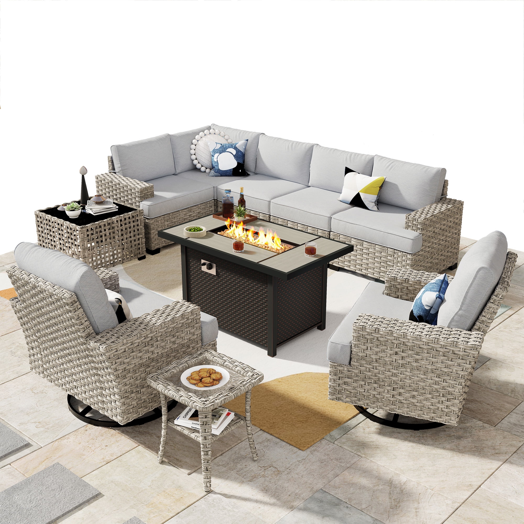 Ovios 10 Pieces Outdoor Patio Furniture Modern High-Back All-Weather Wicker Sectional Conversation Set with Propane Fire Pit Table & Swivel Chair, Dark Gray