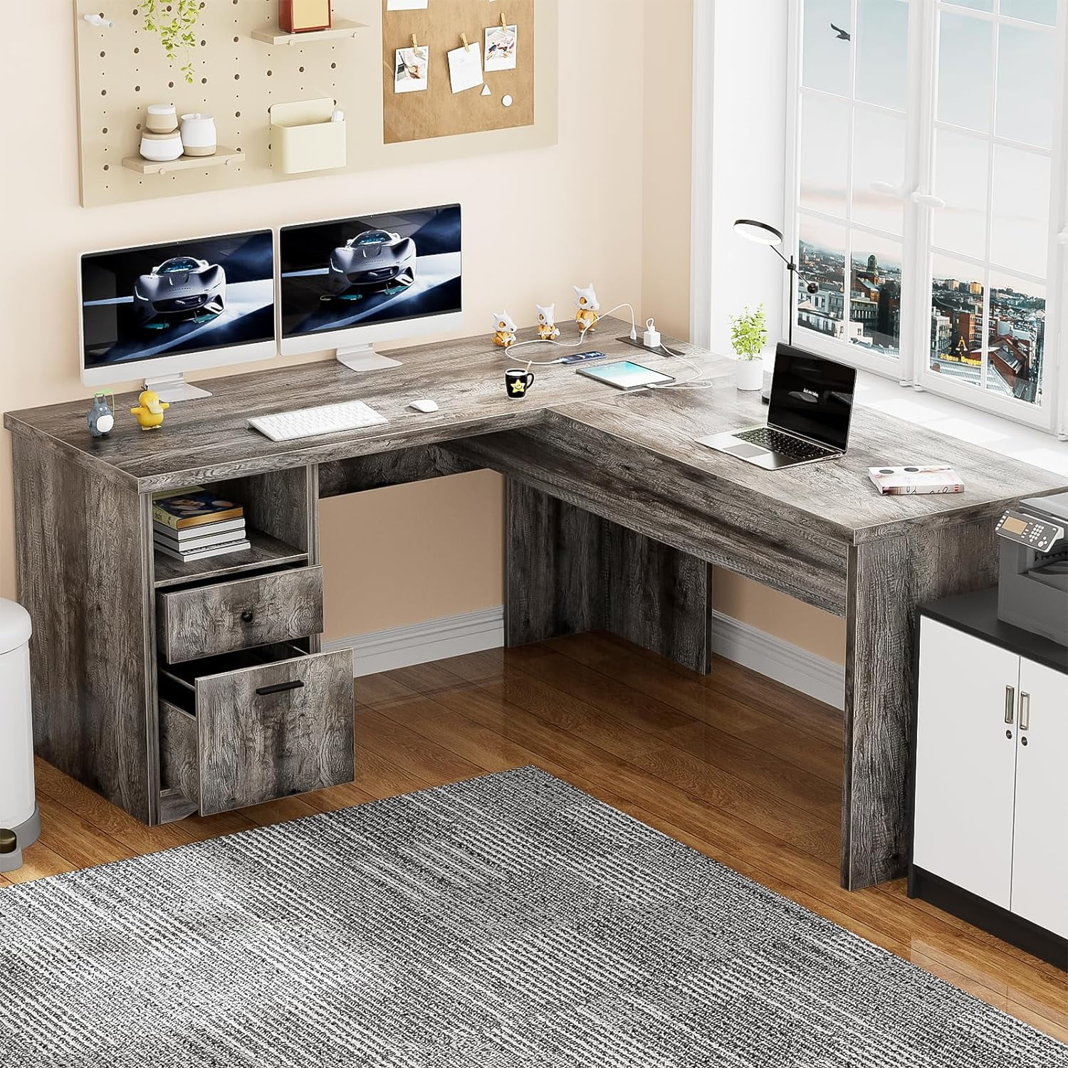 Homieasy L Shaped Desk with Power Outlets and USB Charging Ports, Lift Top Corner Computer Desk with Drawer, Large Office Desk with Storage Shelves, L Shaped Standing Desk for Home Office, Black Oak