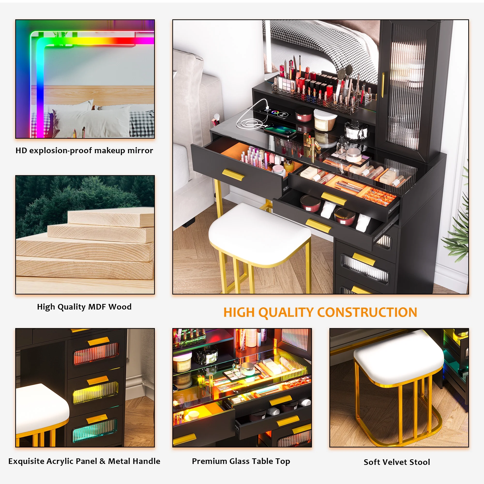 HNEBC Vanity Desk with Mirror and RGB Lights, Glass Top Makeup Vanity with Auto Sensor Lights and Wireless Charging, Vanity Table Set with Cushion Stool, Dressing Table with 6 Drawers (White)