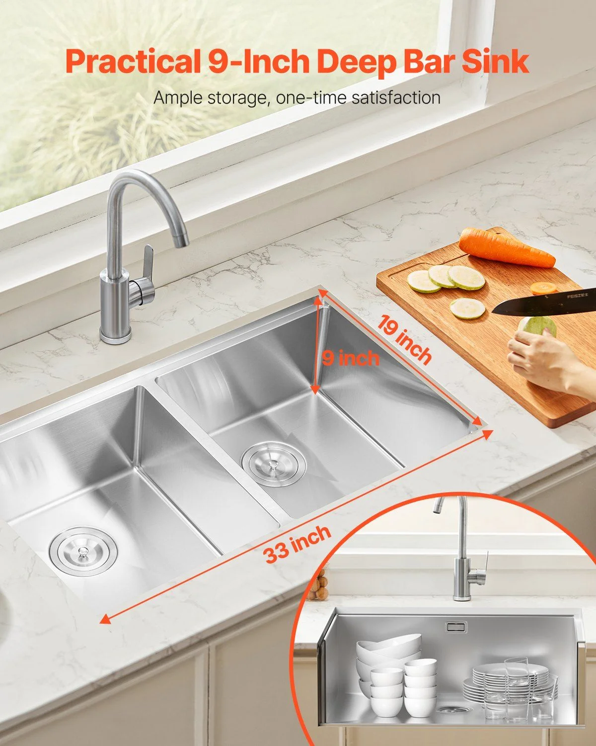 33-inch Undermount Double Bowl Kitchen Sink, Stainless Steel Drop-In Bar Sink