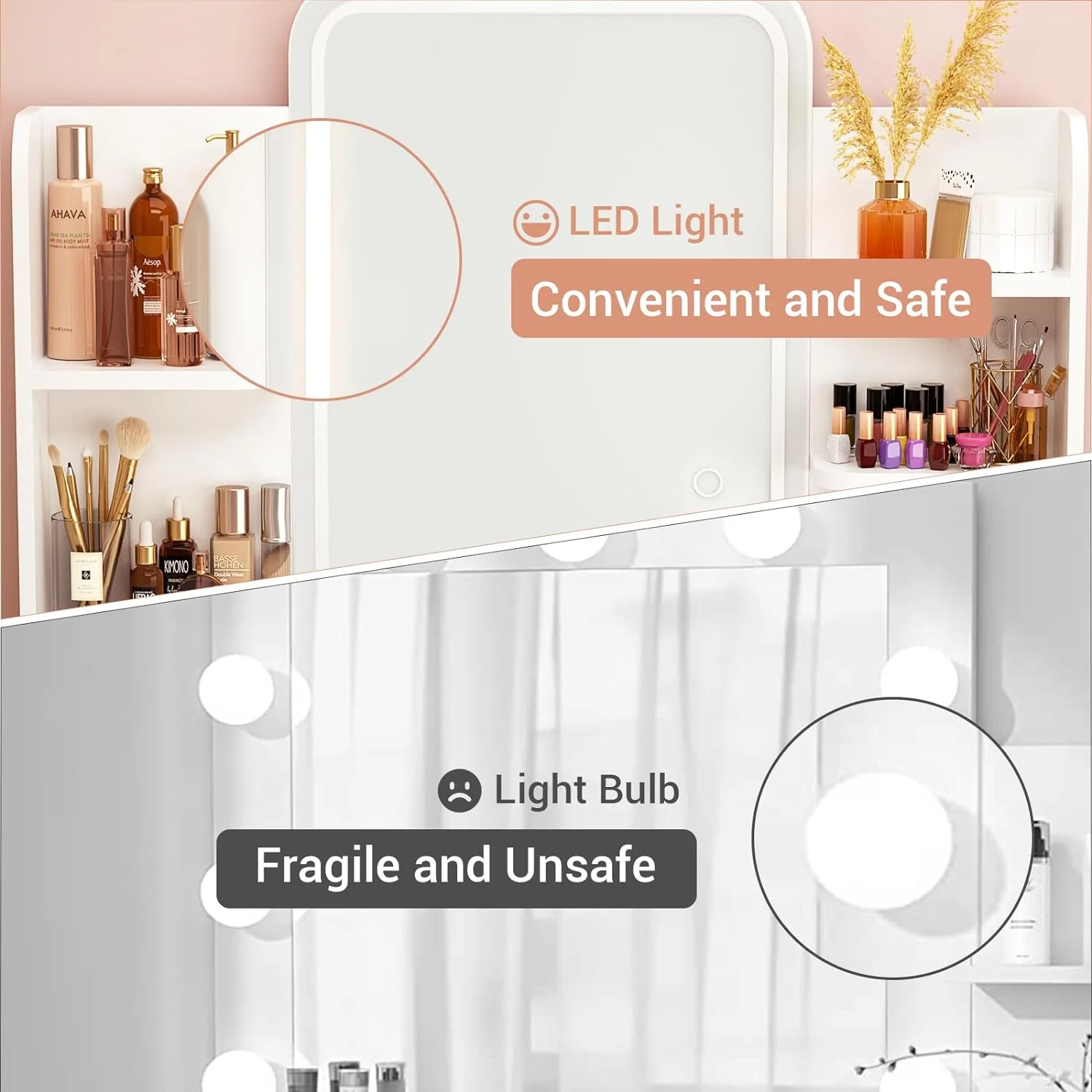 iSunirm Vanity Desk with Mirror and Lights, Makeup Vanity with 2 Drawers, Vanity Table Set with 3 Color Adjustable Lighting Options, Modern Dressing Table with Shelf, for Bedroom, Pink