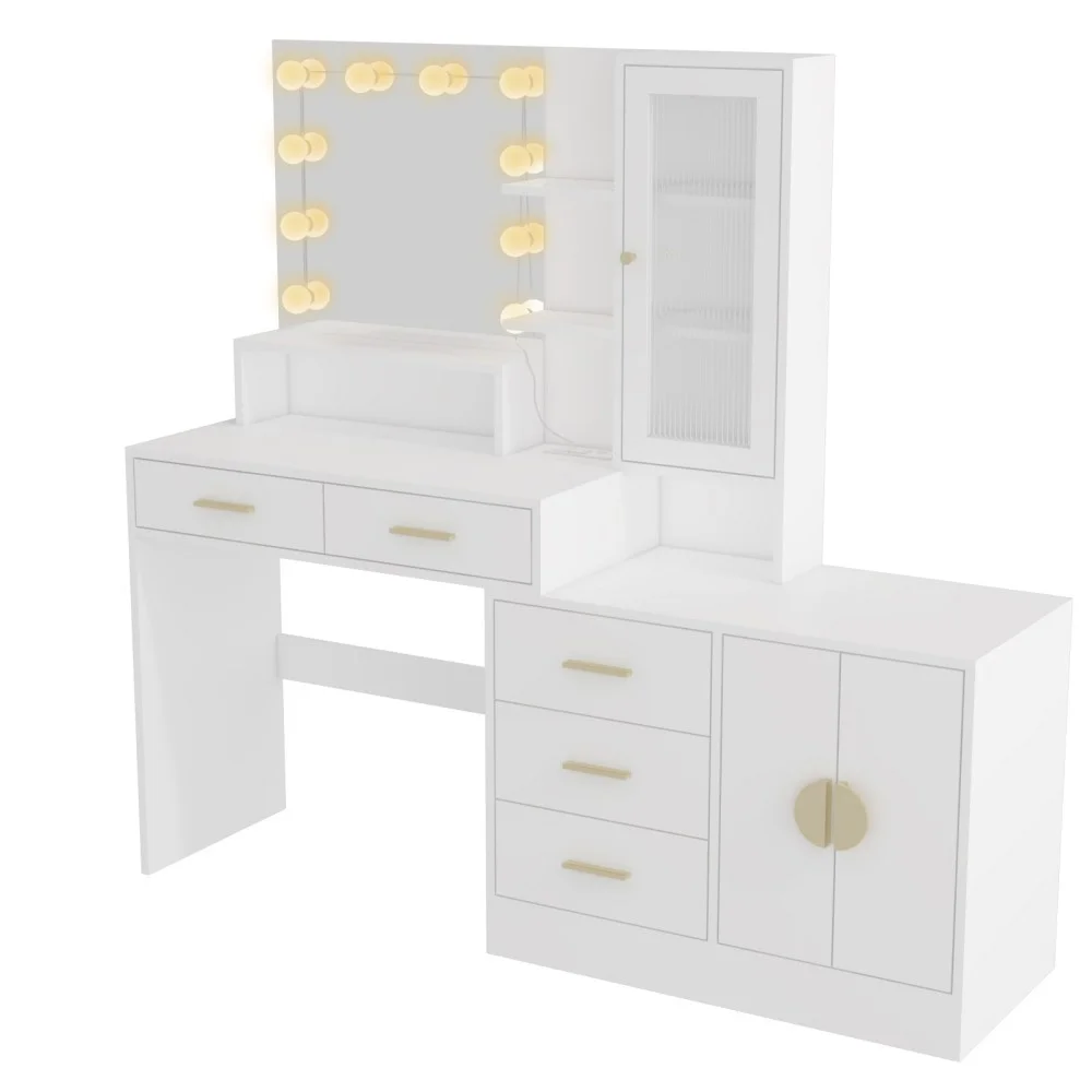 IVV Vanity Desk with Lighted Mirror and Charging Station, Makeup Dressing Table with 5 Drawers and Storage Cabinet, 10 LED Bulbs, 3-Color Lighting Modes, Brightness Adjustable, Black
