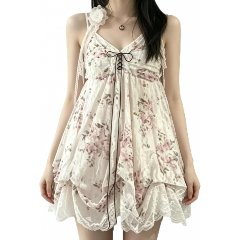 Spaghetti Strap Lace Mini Dress 2000s Women Cute Summer