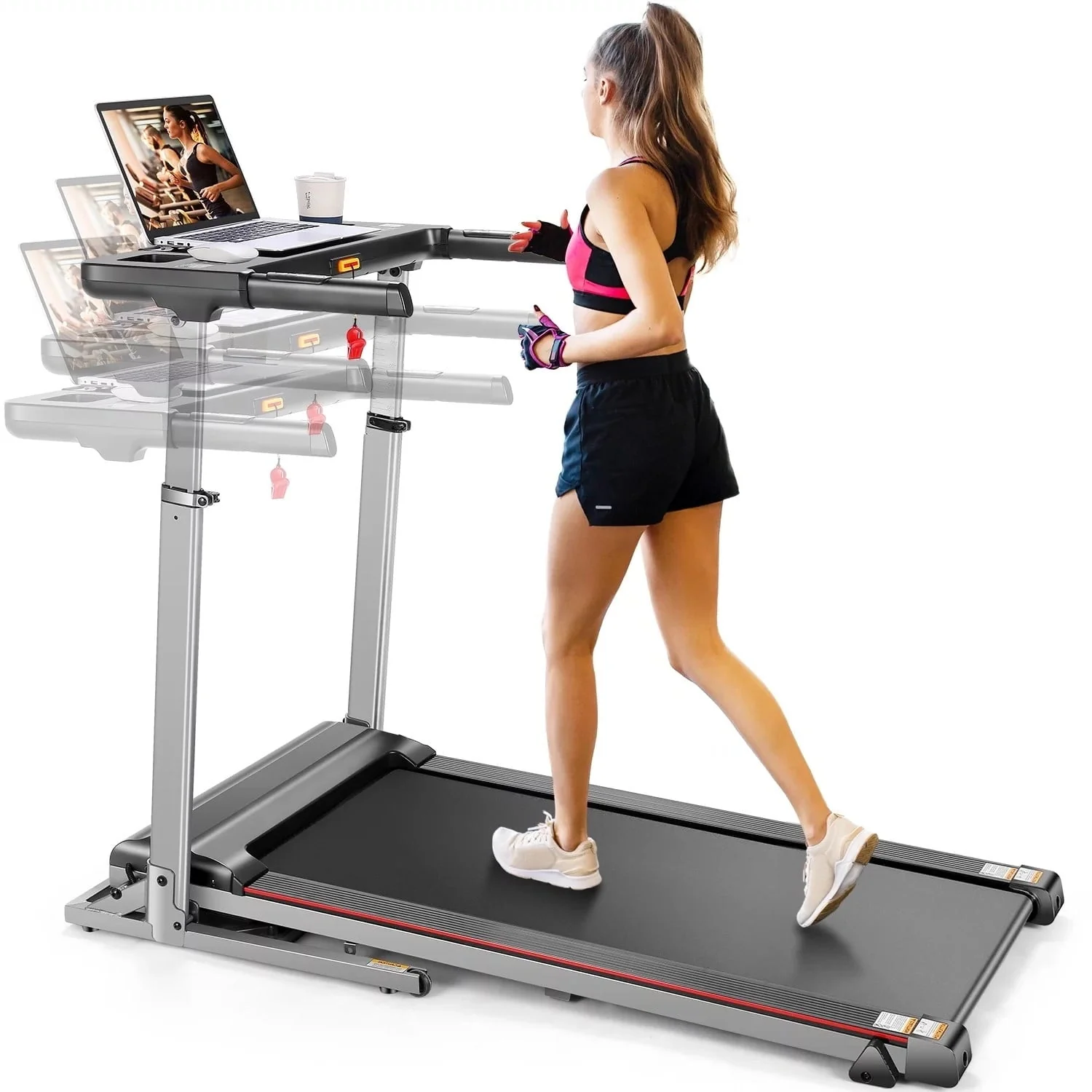 Tikmboex 2.5HP Incline Treadmill with Desk Adjustable Height, 300lbs Capacity Treadmill with Bluetooth Speaker App, Foldable Running Machine for Cardio Workout, Gray