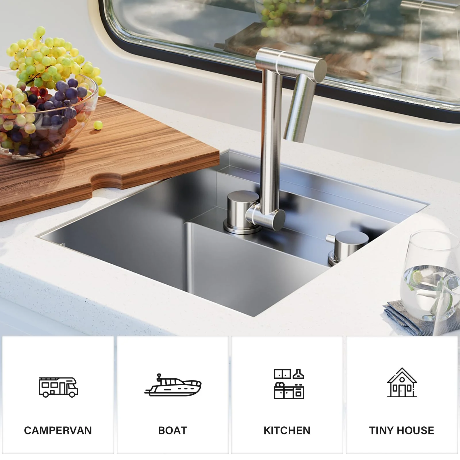 TORVA RV Kitchen Sink, 13 x 15 x 9 Inch Undermount Bar Sink 16 Gauge Stainless Steel Single Bowl Sink with Faucet,Cutting Board-Dark Gray, Grey