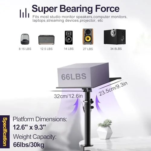 Clamp On Desktop Speaker Stand Holder Pair, Heavy Duty Audio Studio Monitor Stands Riser Tilt Height Adjustable, Universal Desk Mount Shelf Tray for Subwoofer Surround Sound Bookshelf Laptop