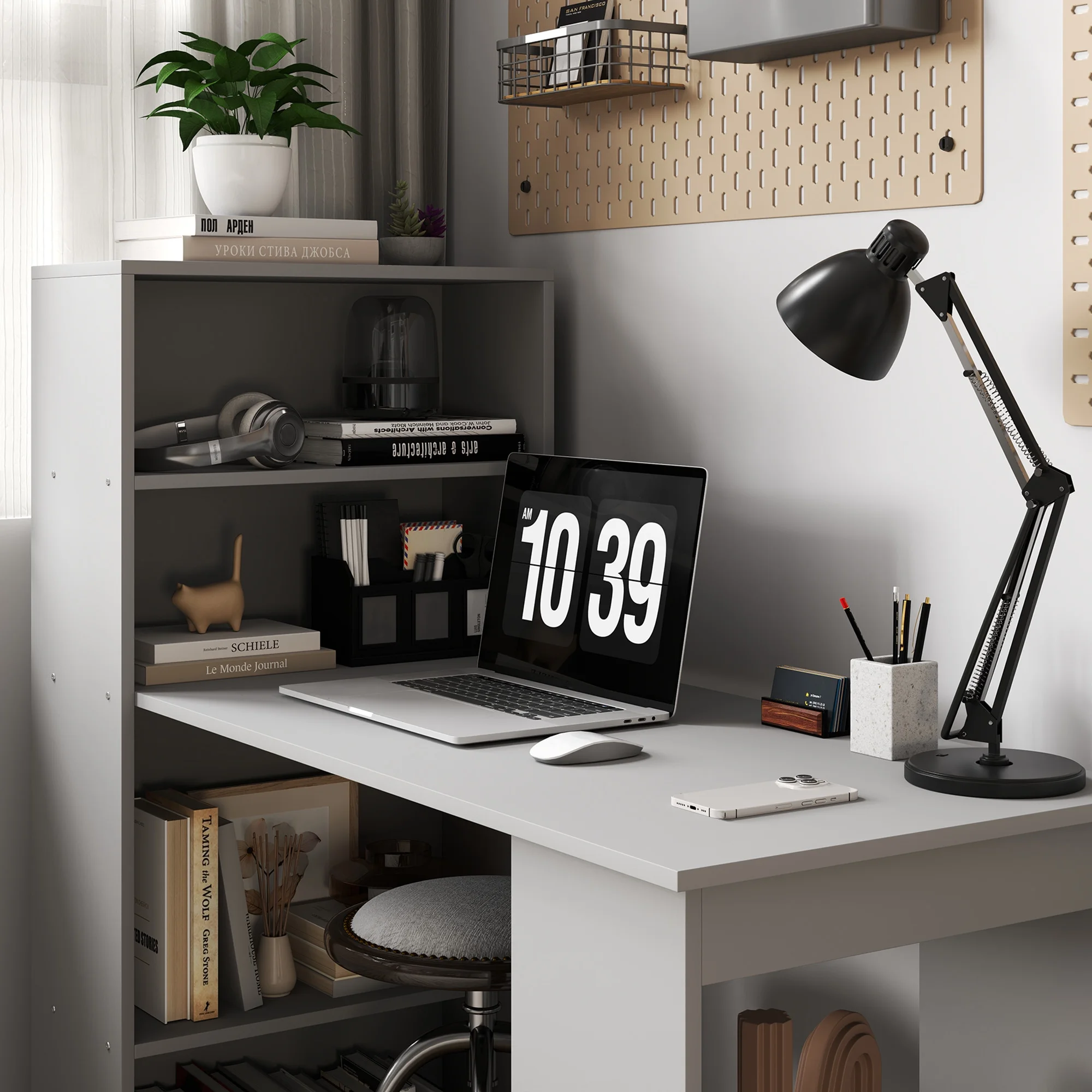 HOMCOM Modern Compact Computer Desk with 6-Tier Storage Shelves, Writing Table Workstation with Bookshelf for Home Office, Gray