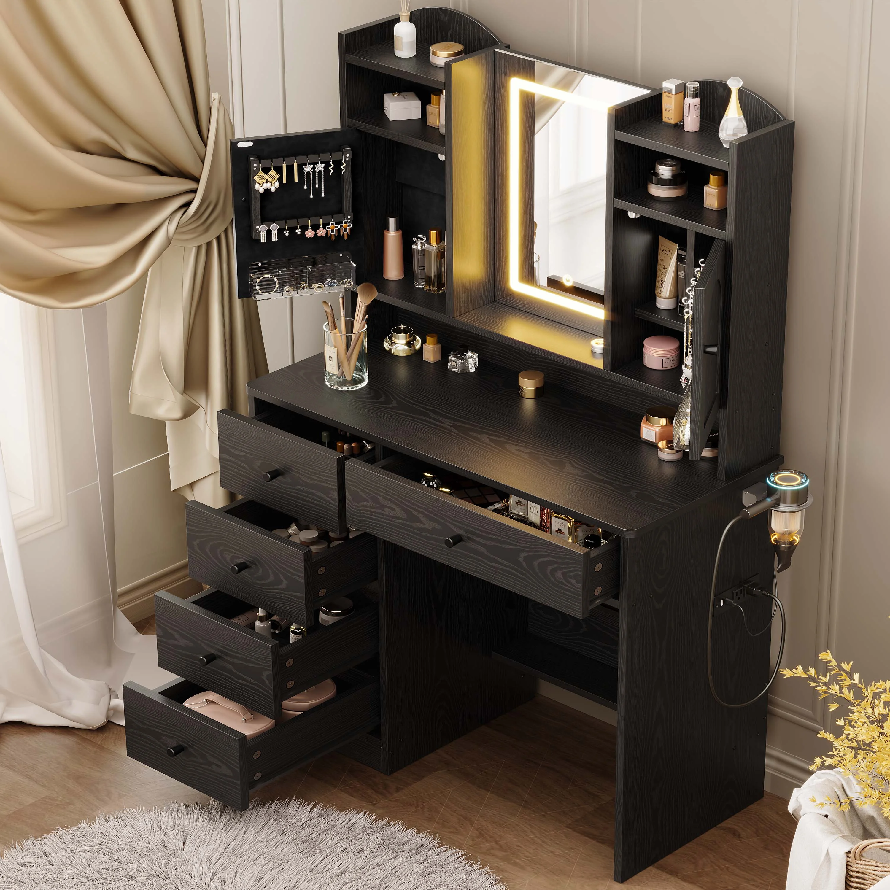 IRONCK White Vanity Set with Mirror and Lights, Makeup Vanity Desk with 5 Drawers & 2 Cabinets & Charging Station