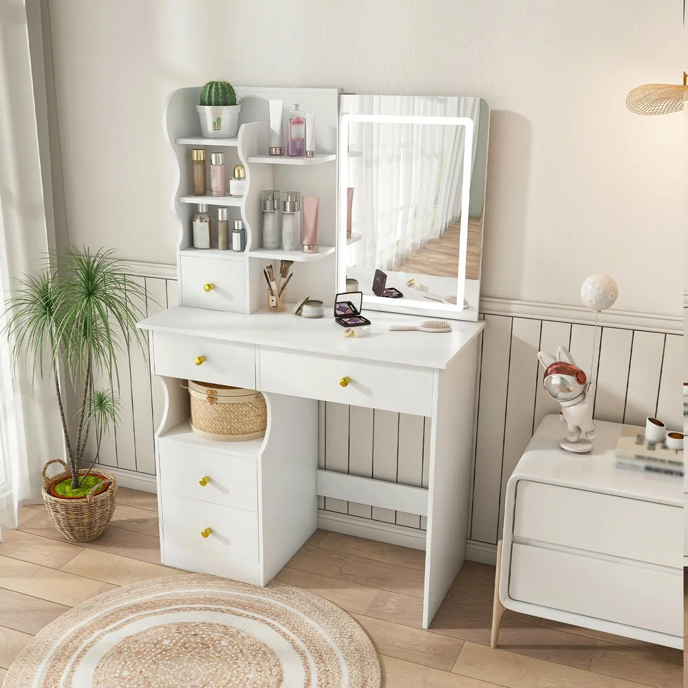 Kadyn Vanity Desk with Lighted Mirror, Vanity Table and Chair Set with 2 Drawers, Dressing Table Makeup Desk with 1 Door, Retro Gray
