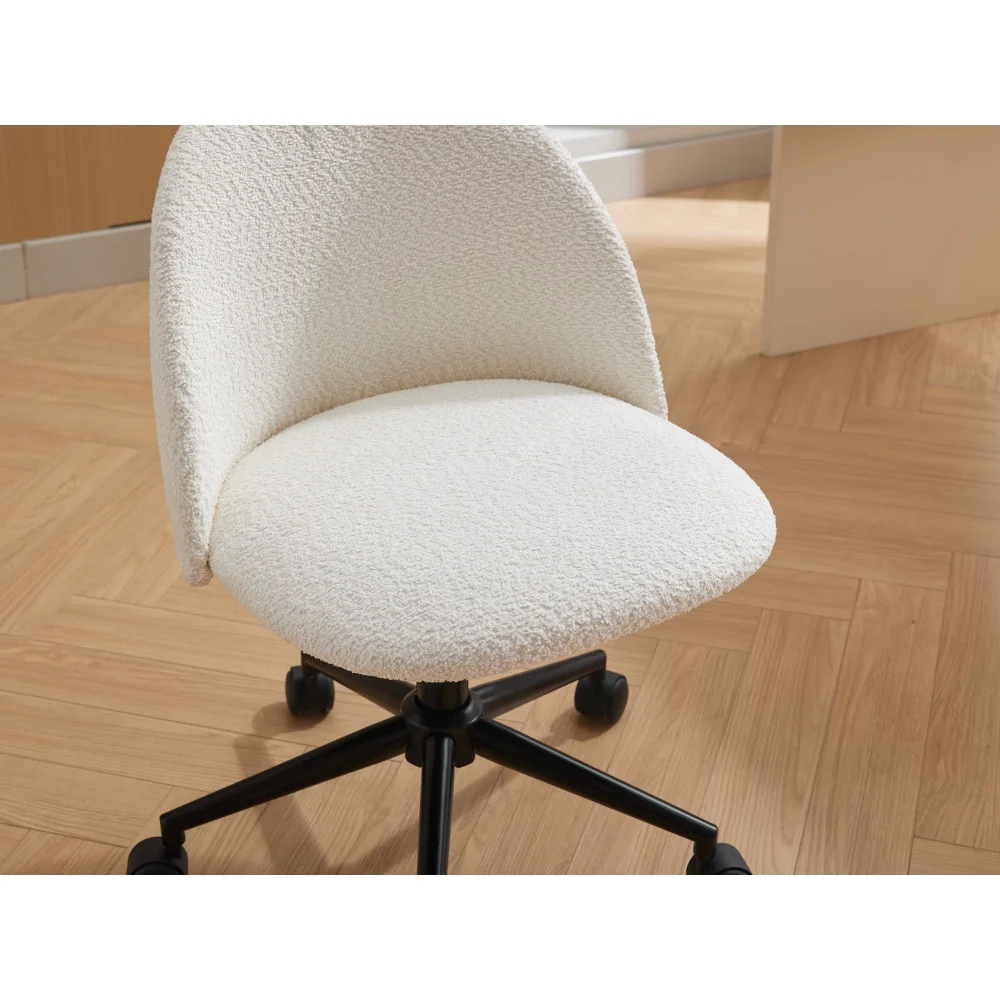 Modern Upholstered Desk Chair with Wheels, Mid-Back Adjustable Swivel Computer Chair with Black Legs, White