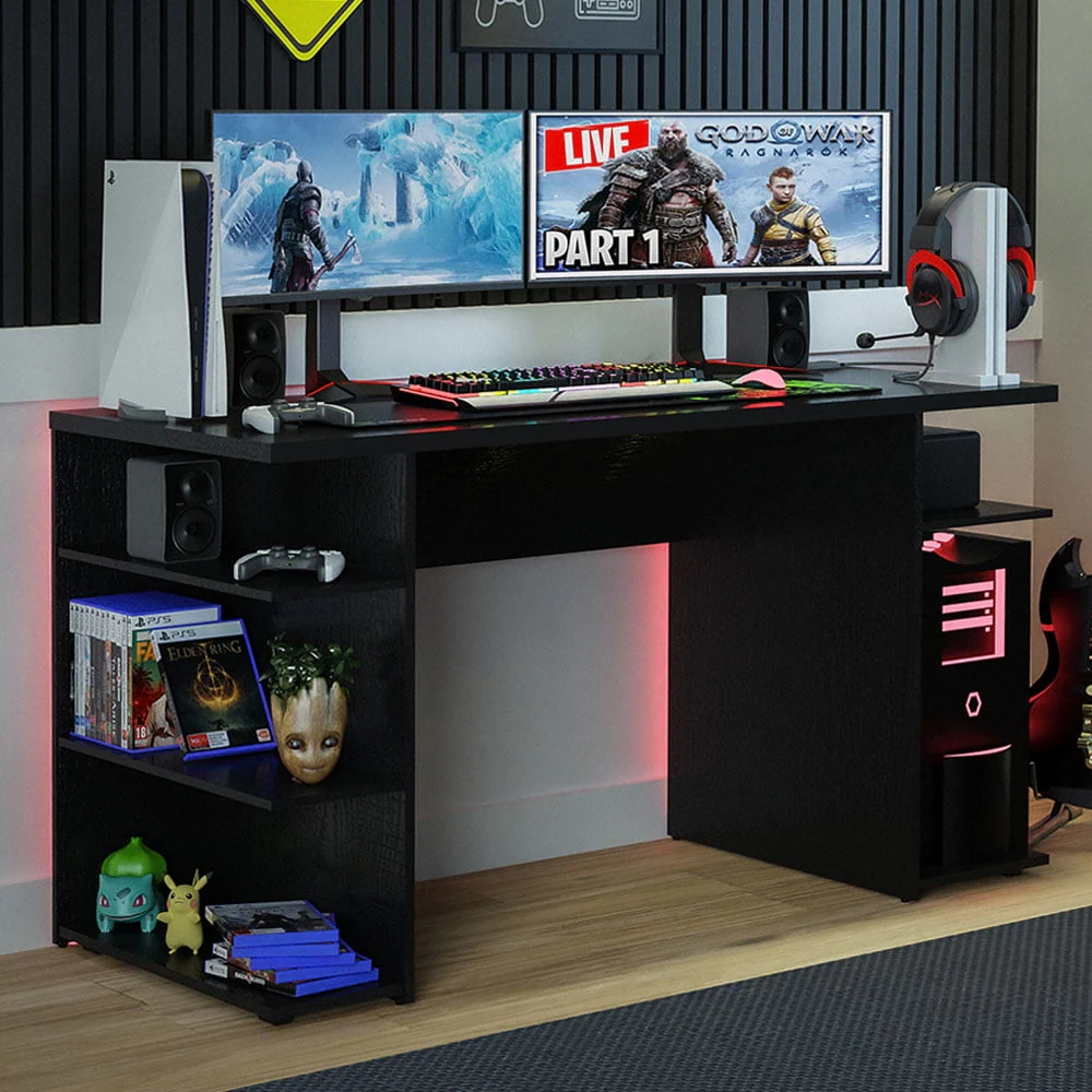 Madesa 53 inch Gaming Computer Desk with Shelves, Home Office Desk Writing Workstation, Wood - Black