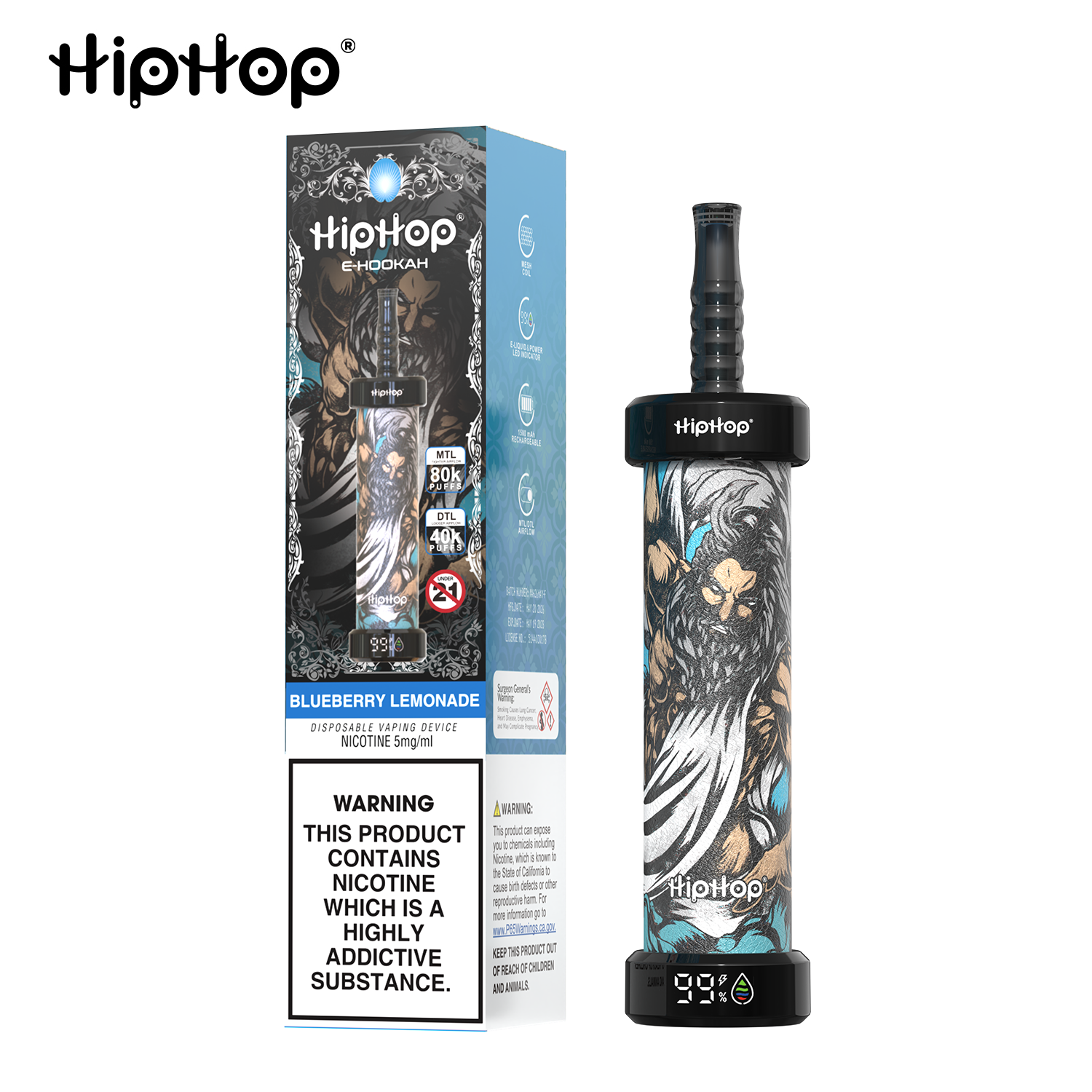 E-papieros HipHop E-Hookah 80K | Elektroniczna Szisza DTL/MTL | Ekran LED