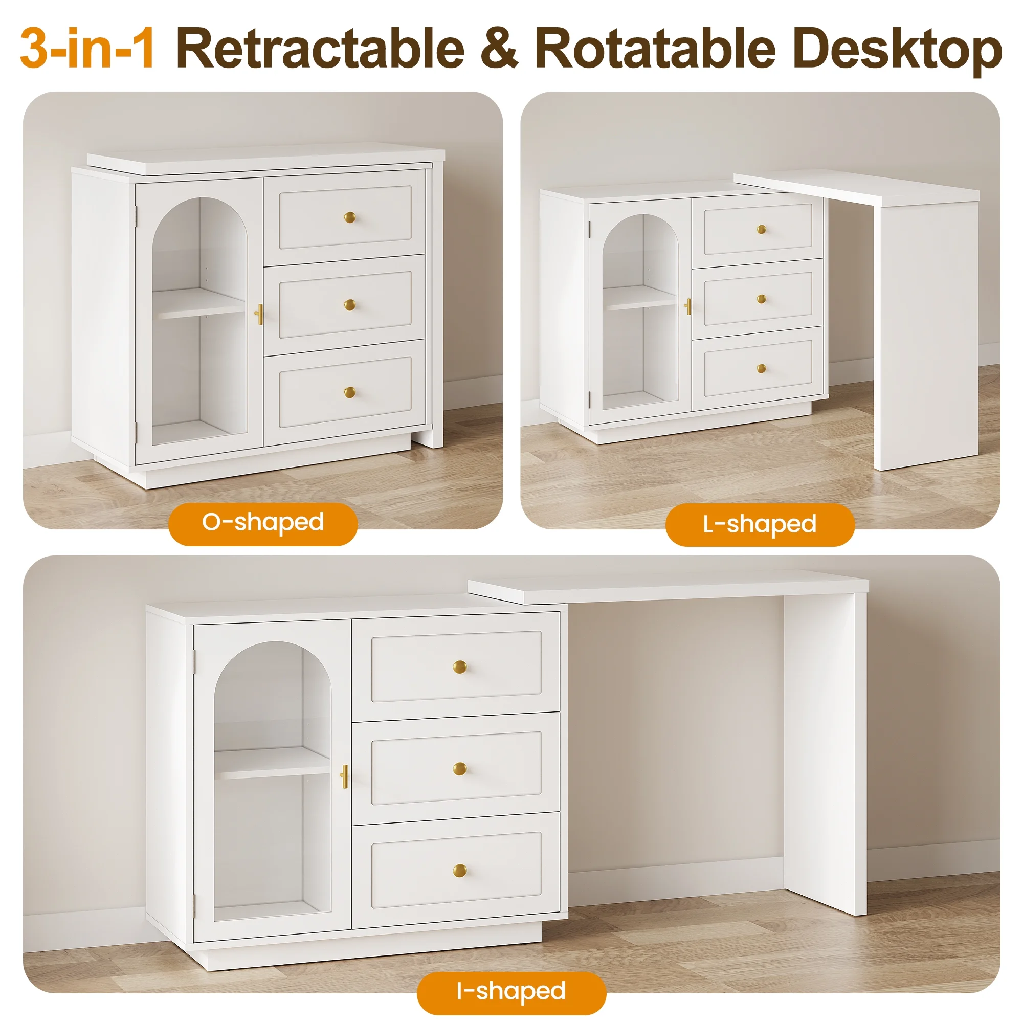 CozyHome 59�� Extendable Corner Vanity Desk with Rotatable Tabletop, Large White Makeup Vanity Table for Women Girl, 3 Drawer & 1 Door, Wood Vanity Dresser for Apartment, Dorm, Study Room, Home Office