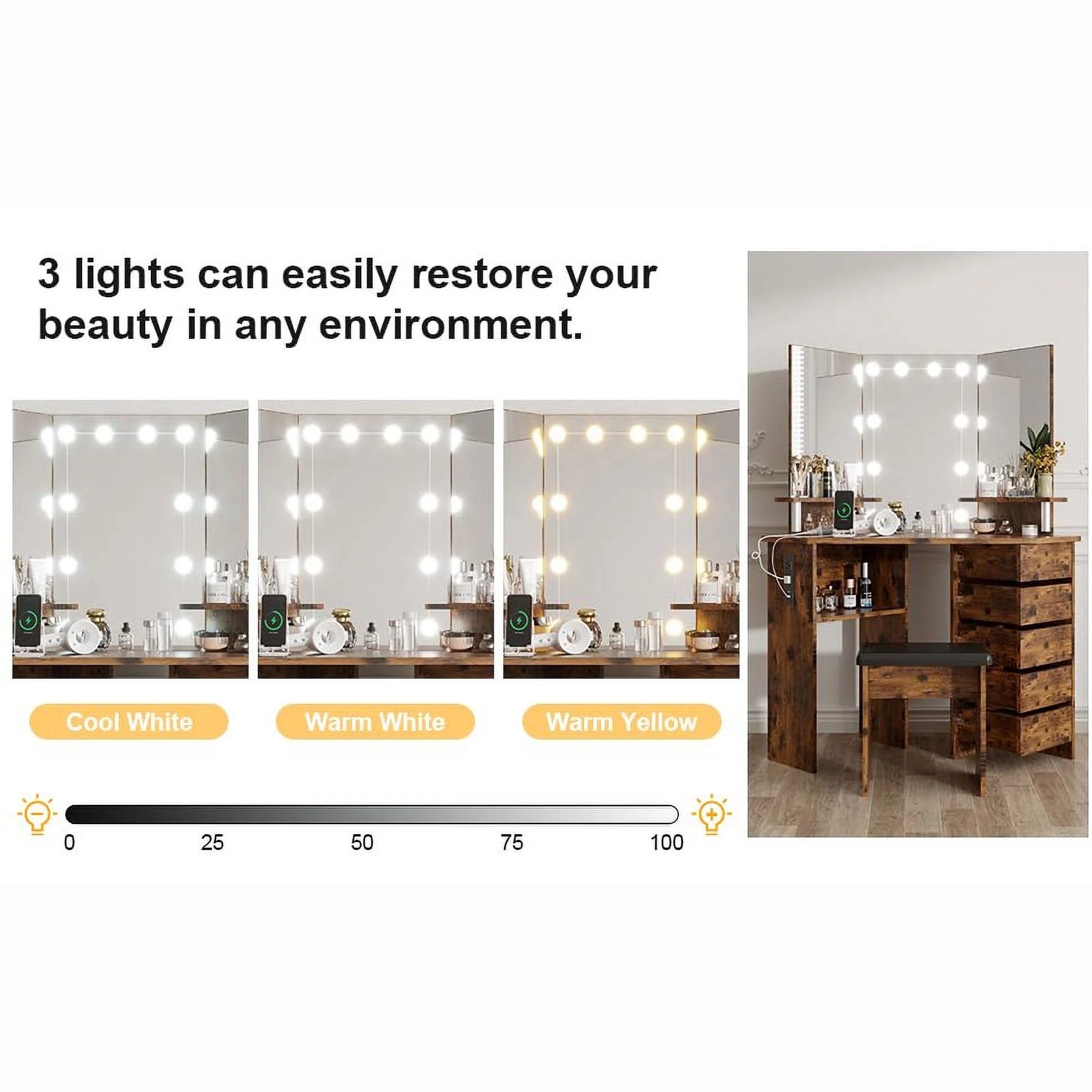 Ataucjin Makeup Vanity Desk With Lights Mirror & Power Outlet Corner Makeup Vanity Table With 5 Rotating Drawers Shelves And Stool 3 Color Lighting Makeup Table Bedroom Dressing Table
