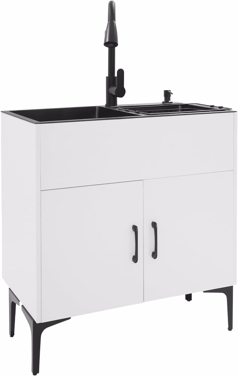 Laundry Sink with Cabinet & Pull-Out Faucet, Kitchen Sink Cabinet with Draining Basket, Stainless Steel Double Bowl Utility Sinks, Wash Station Tub for Kitchen, Laundry Room (Black)