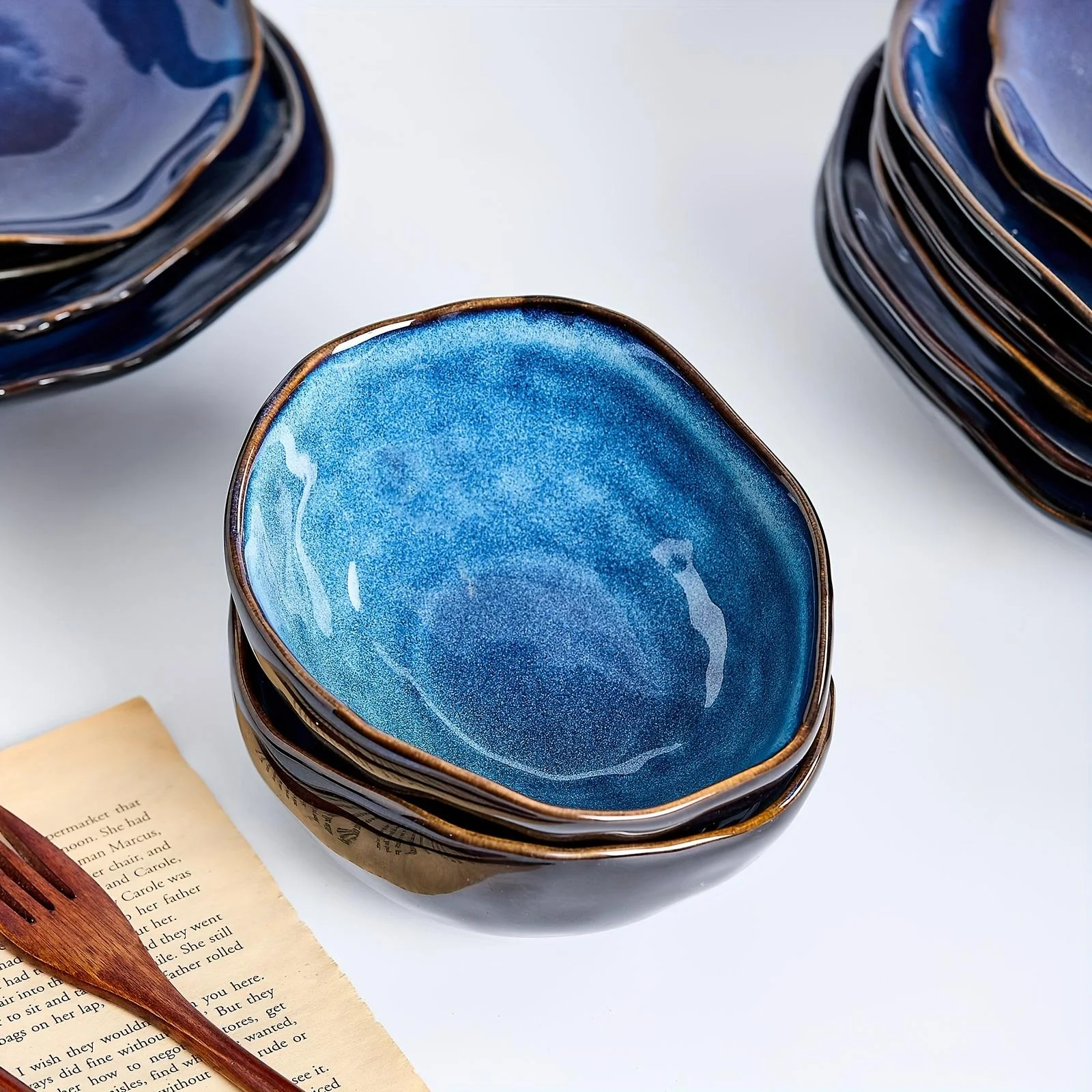 TAUFIKT 16pcs Nordic-style Ceramic Tableware Set, Blue Irregular Artistic Design Dinnerware